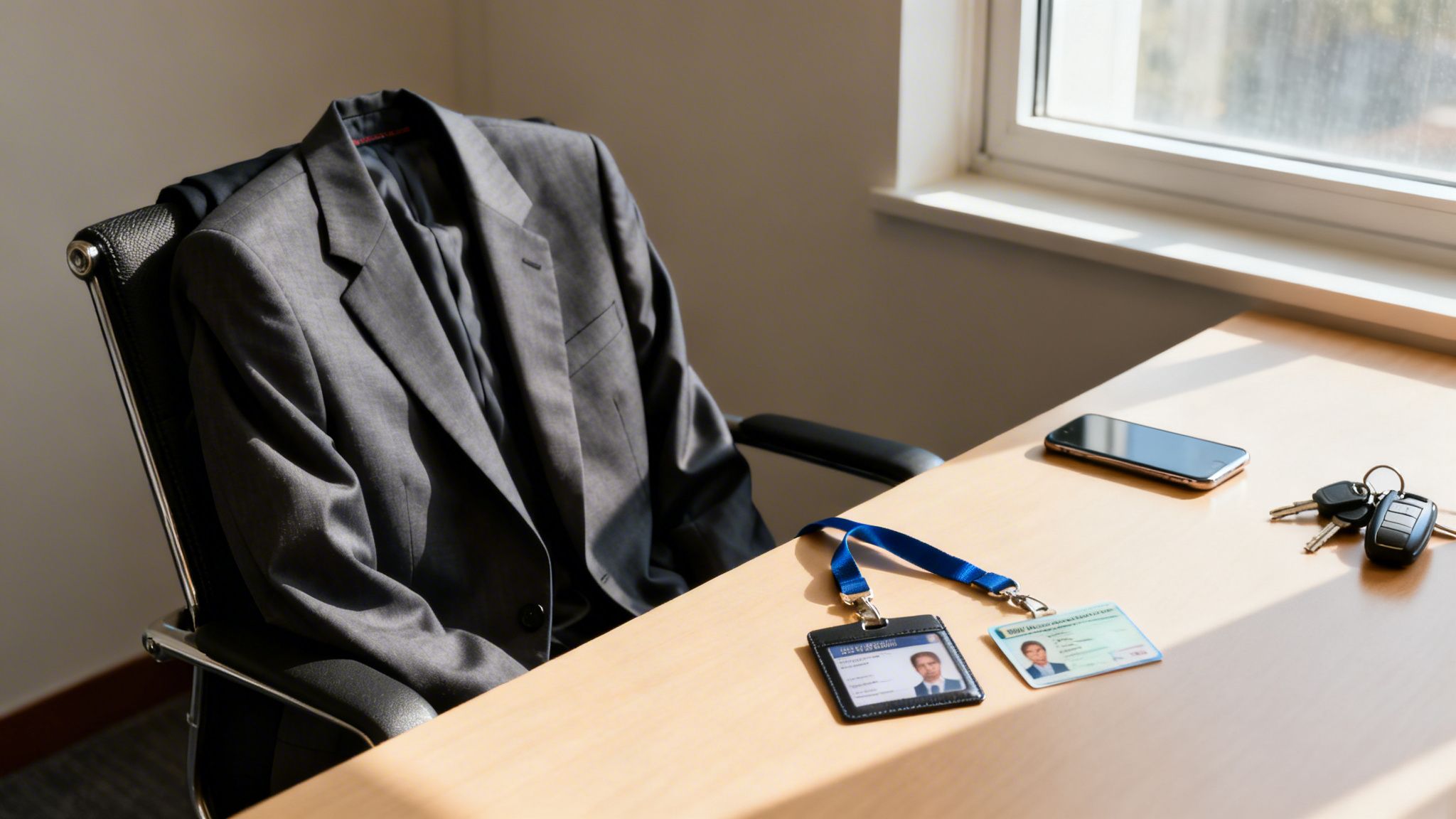 A grey suit jacket draped over an office chair beside a desk with a smartphone, keys, and ID cards.