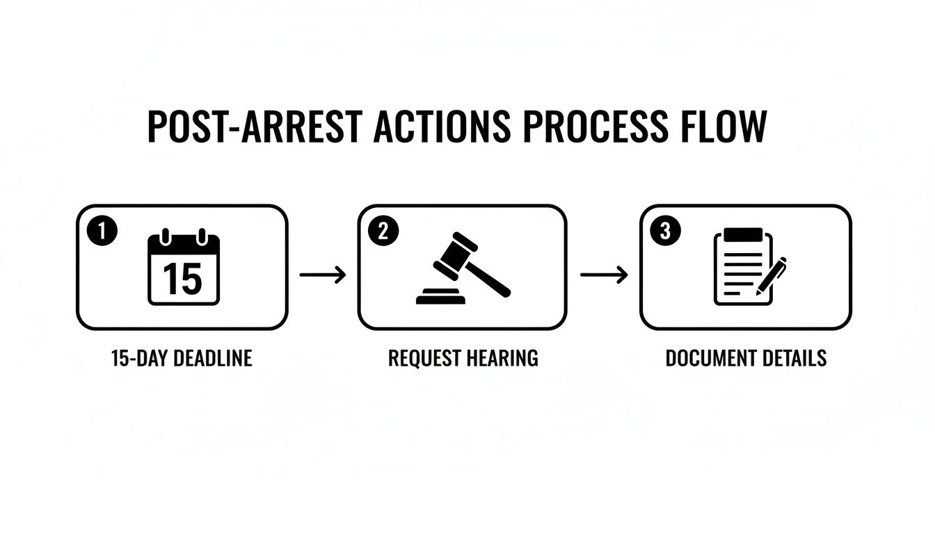 Process flow for post-arrest actions: 15-day deadline, request hearing, and documenting details.