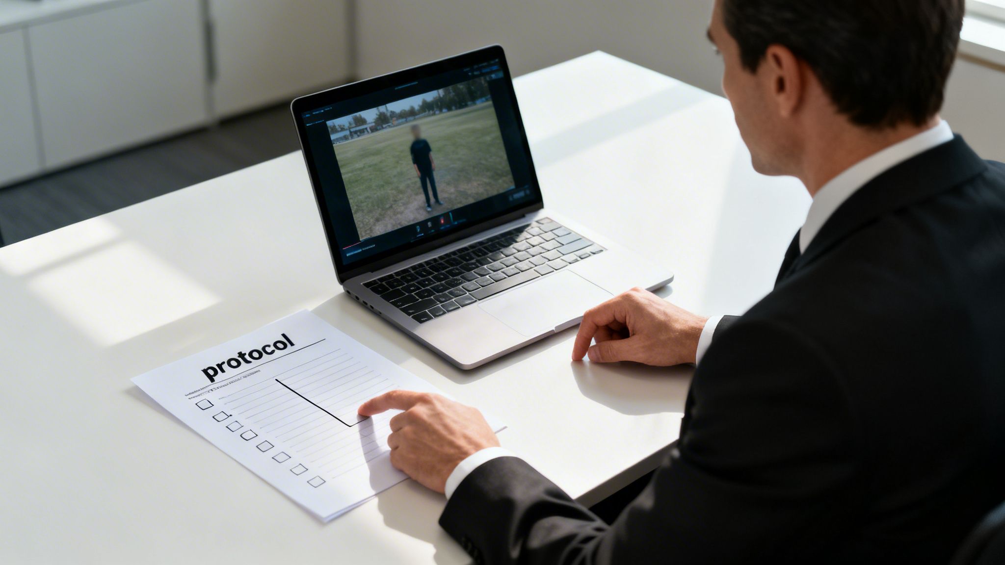 A man in a suit reviews a "protocol" document while watching a video on a laptop.