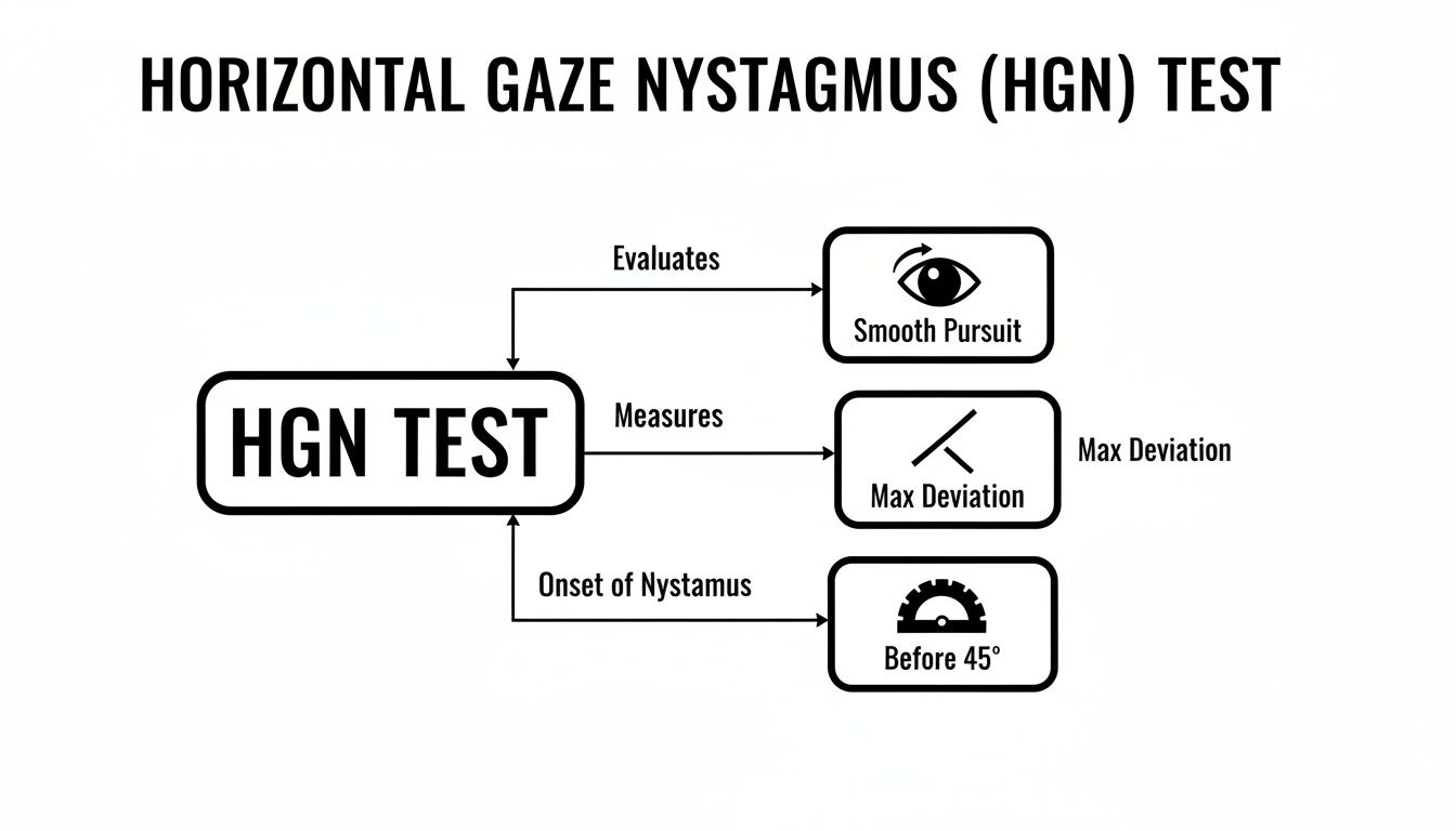 Flowchart detailing the Horizontal Gaze Nystagmus (HGN) test, evaluating smooth pursuit, maximum deviation, and nystagmus onset before 45 degrees.