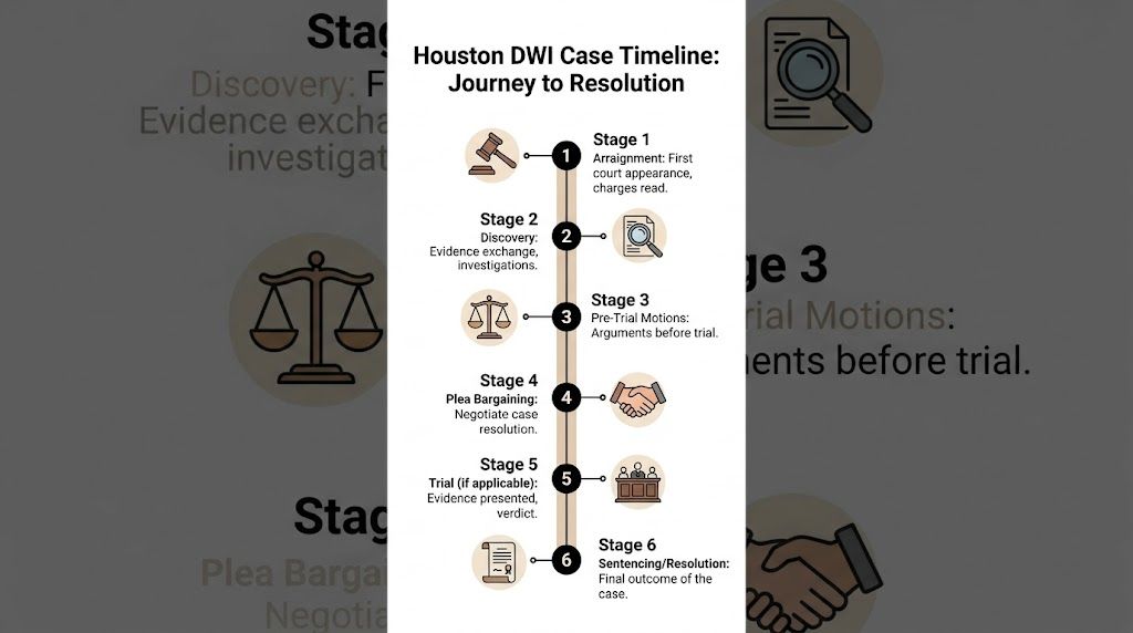 A legal infographic outlining the six stages of a Houston DWI case from arraignment through final resolution.