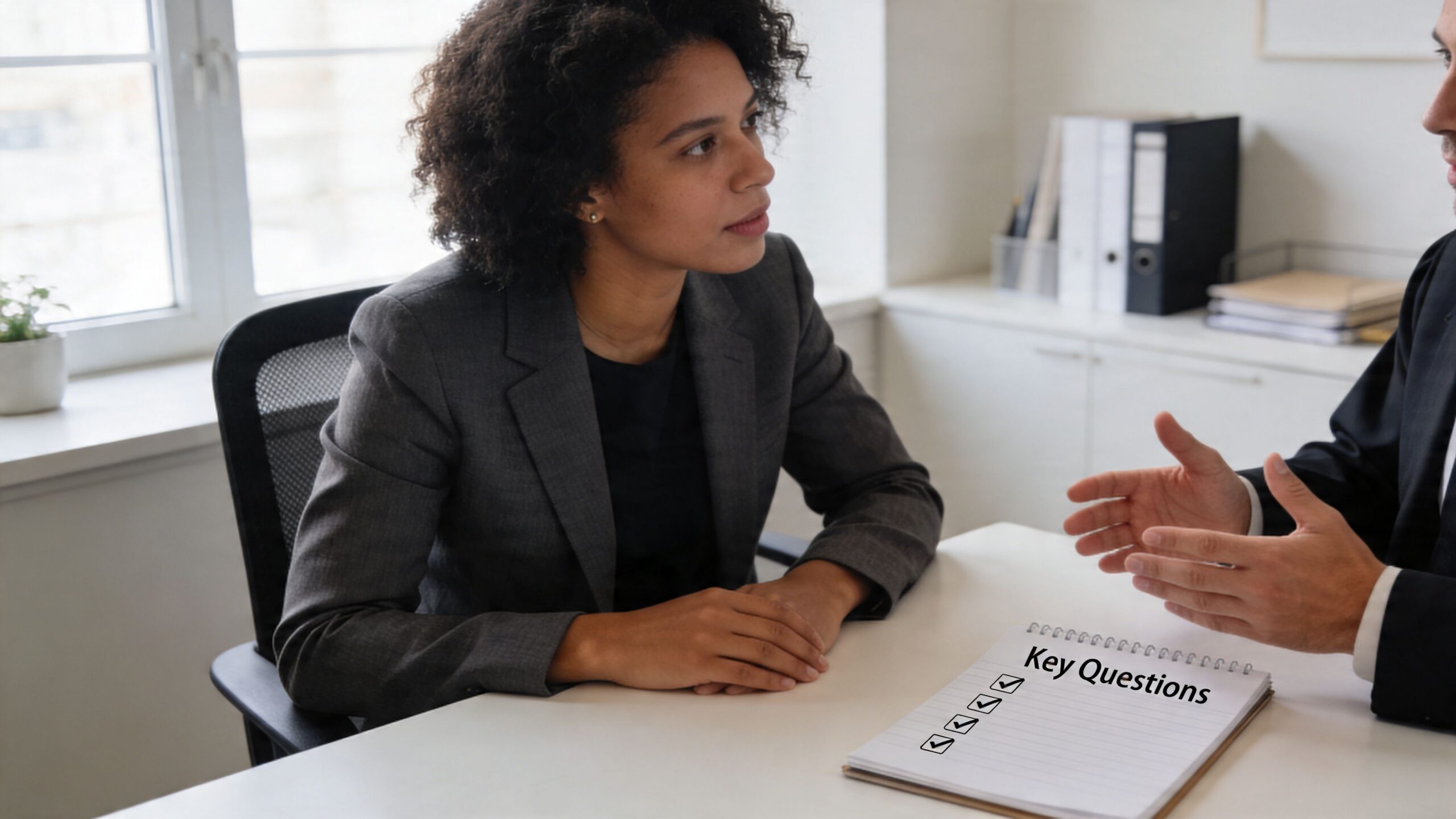 A professional woman in a gray suit sits at a desk during a legal consultation meeting.