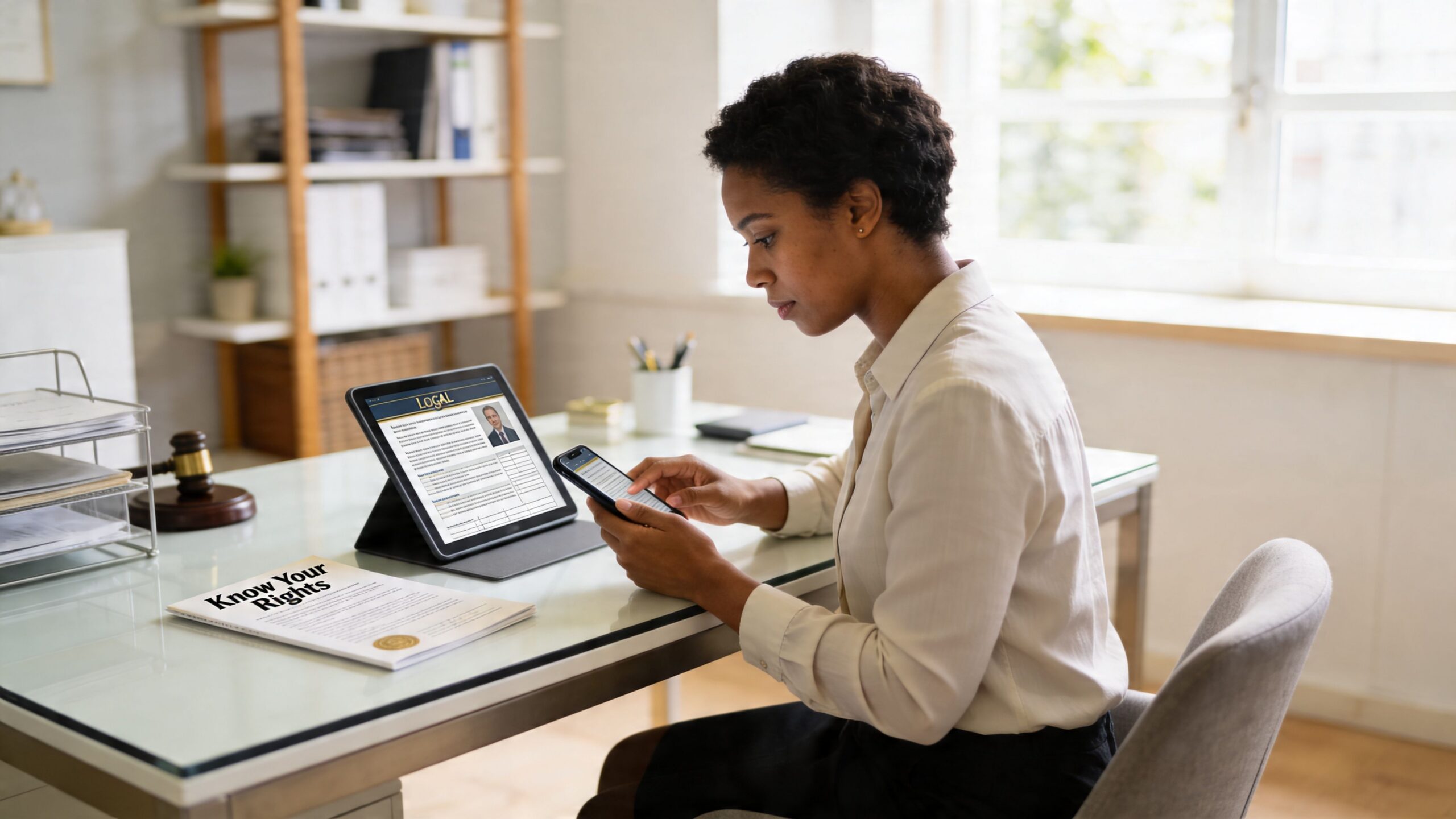 A professional woman uses a smartphone and tablet to review legal documents in a bright office setting.