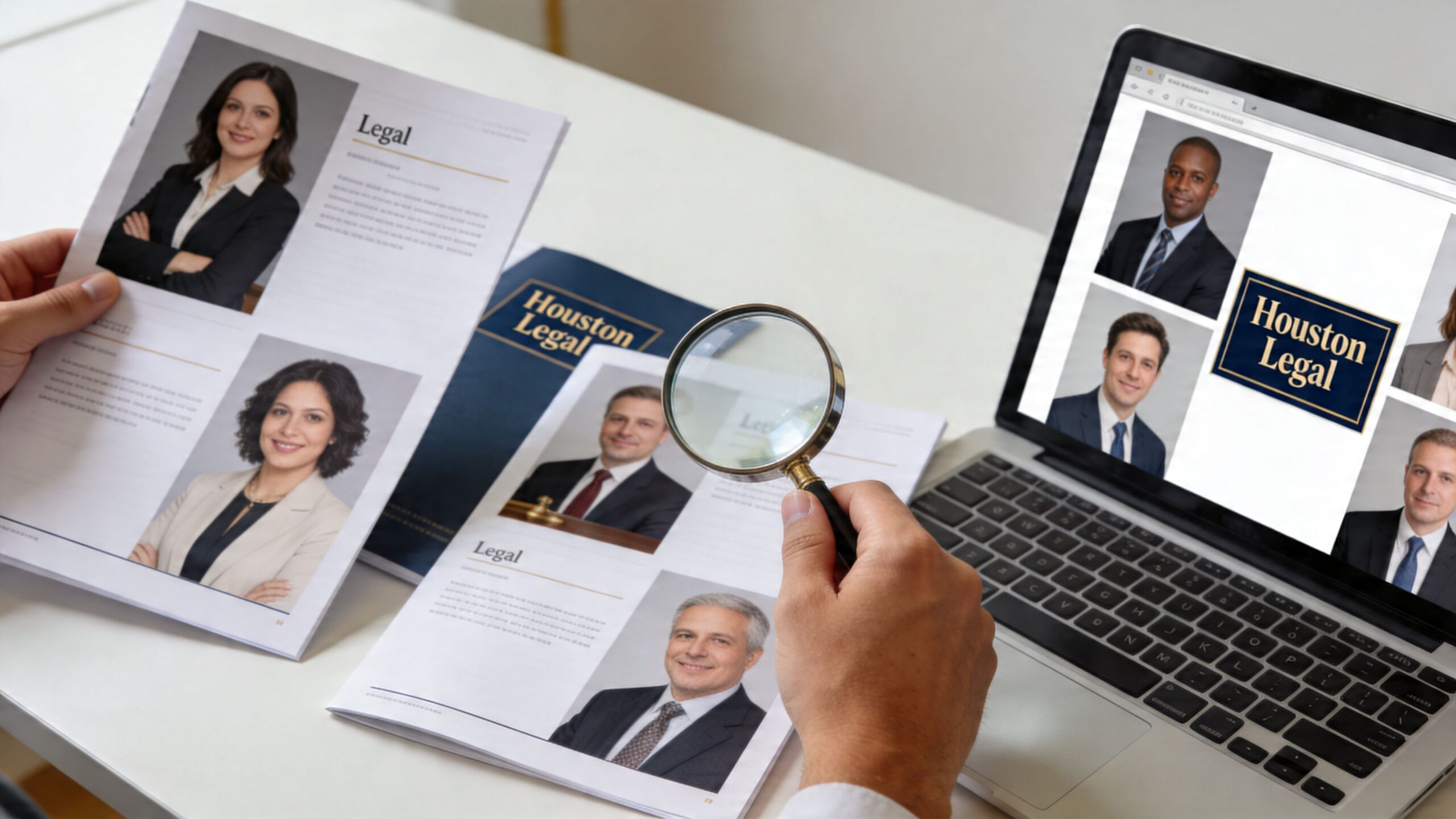 A professional comparing profiles of legal staff from a Houston Legal directory using a magnifying glass.