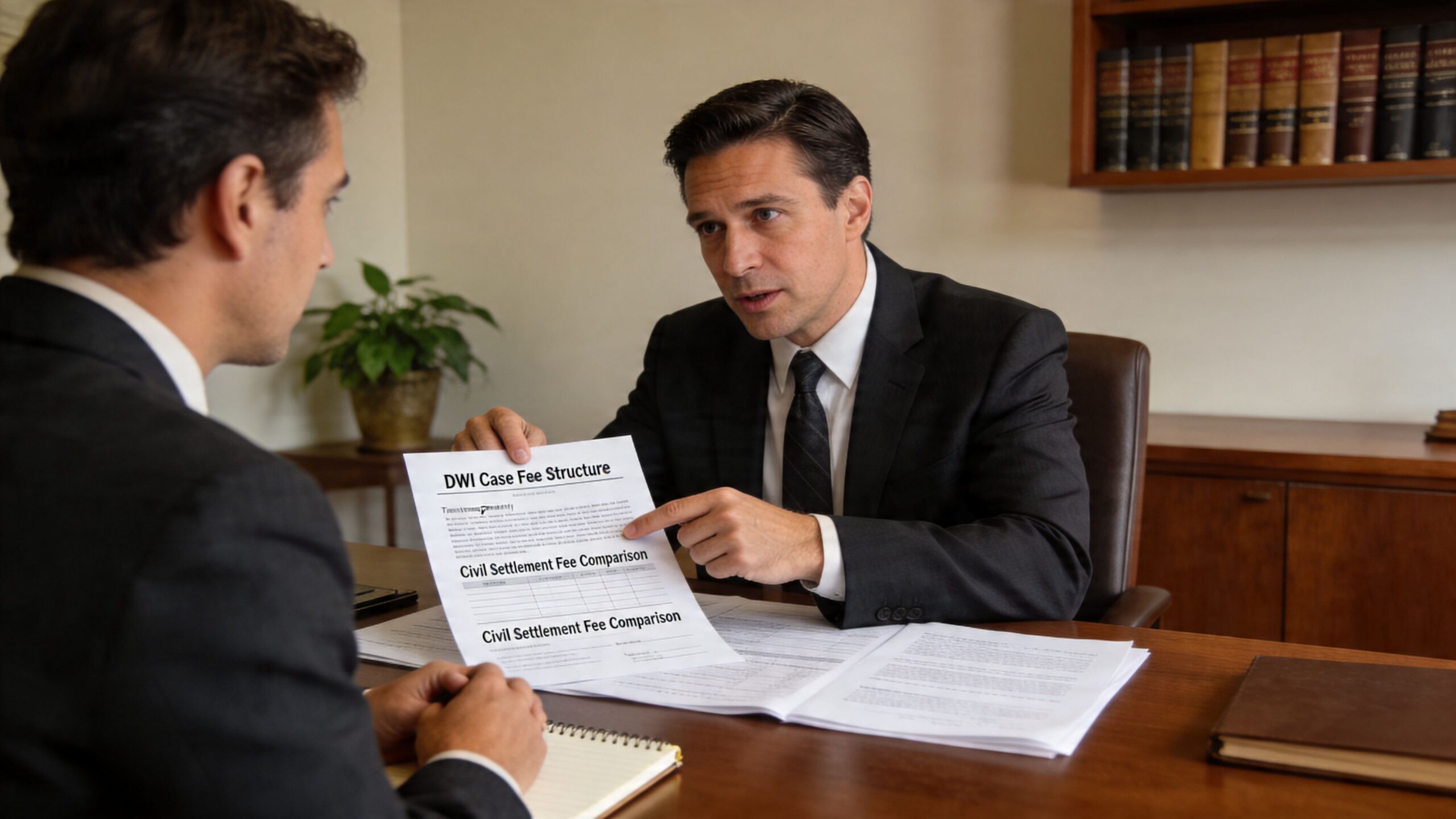 A professional attorney discussing legal fee structures and settlement comparisons with a client in an office setting.