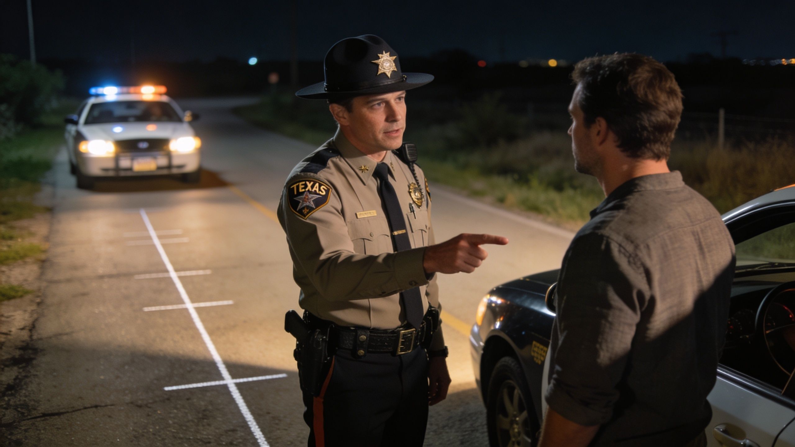 A Texas state trooper directs a driver during a roadside field sobriety test at night.