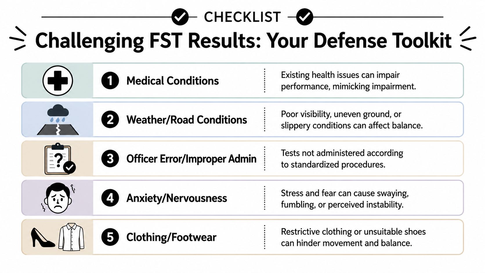 A checklist infographic titled Challenging FST Results: Your Defense Toolkit, listing five factors influencing field sobriety tests.