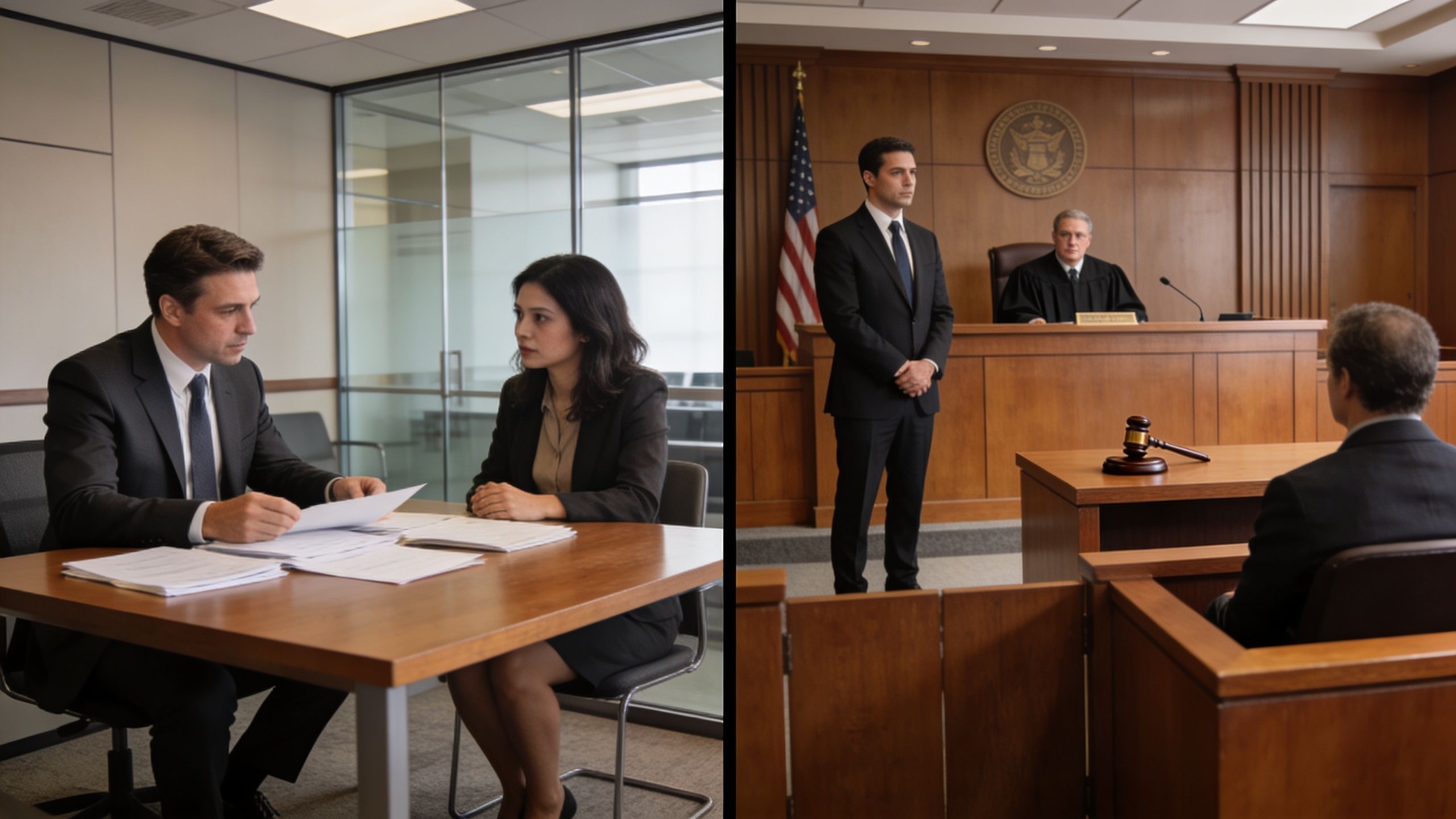 A split-screen image showing a lawyer consulting a client and a formal courtroom trial setting in progress.