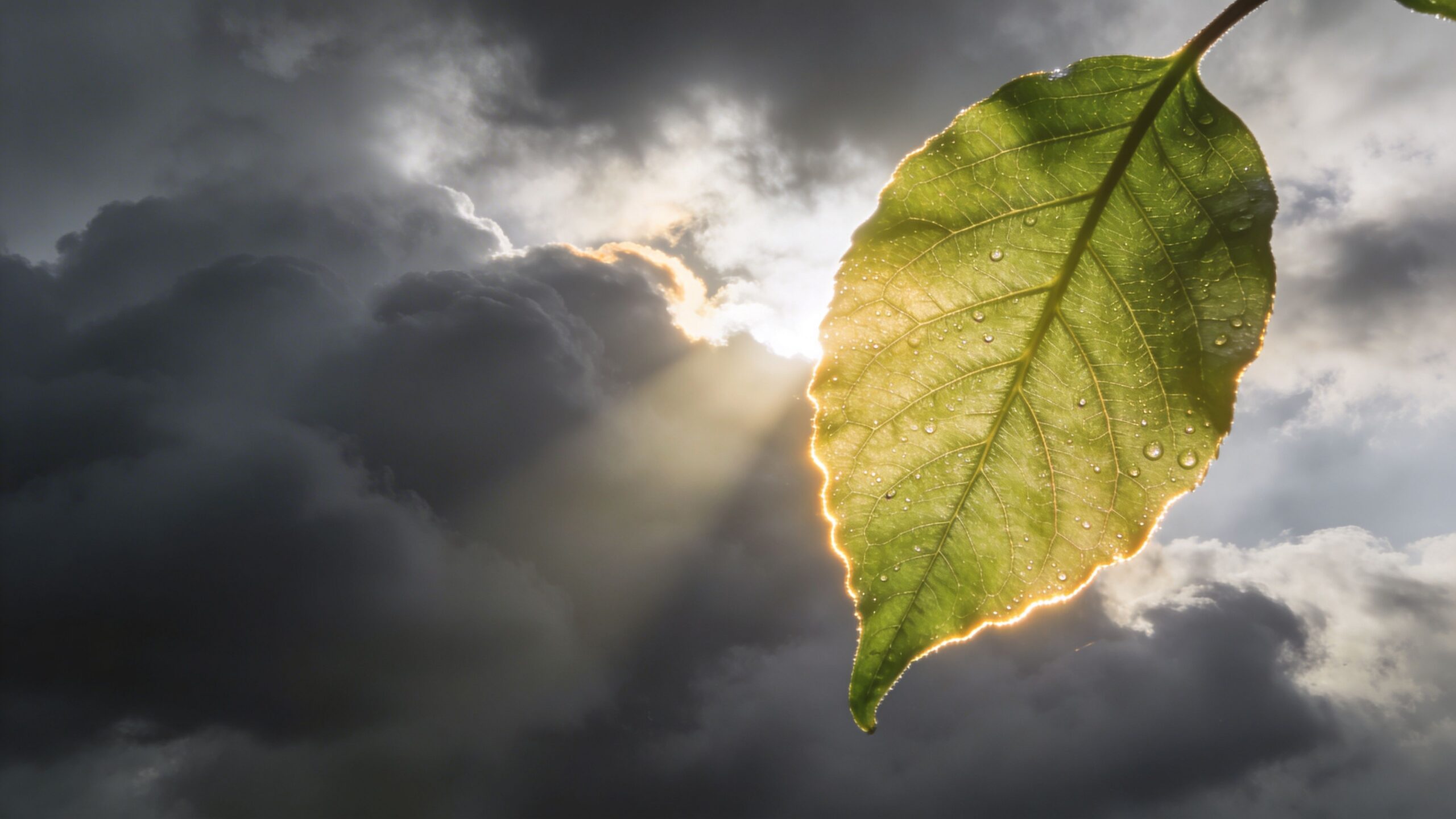 A vibrant green leaf with water droplets backlit by a sunbeam breaking through dark storm clouds.