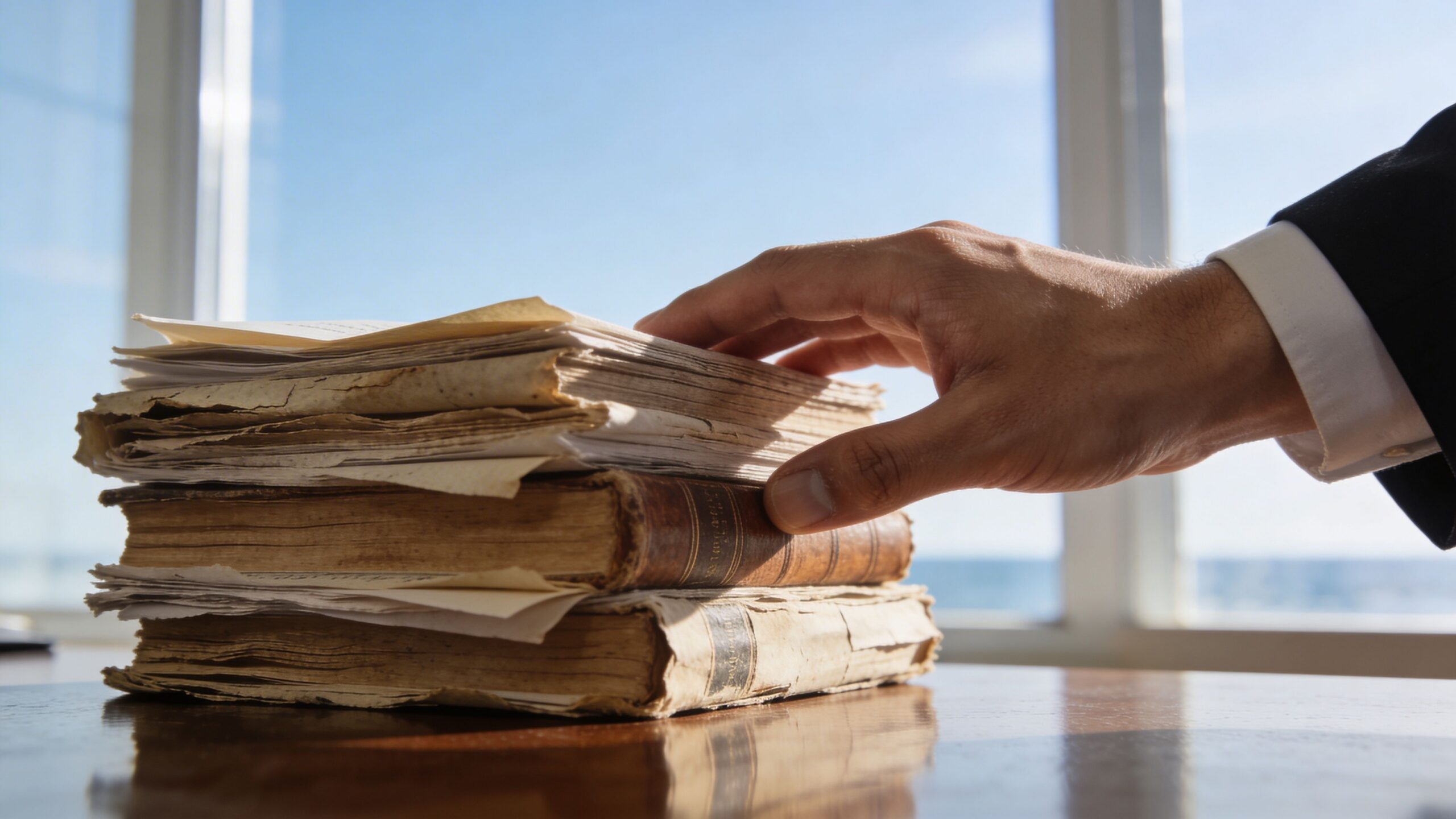 A person in a business suit rests their hand on a stack of old, weathered law books.