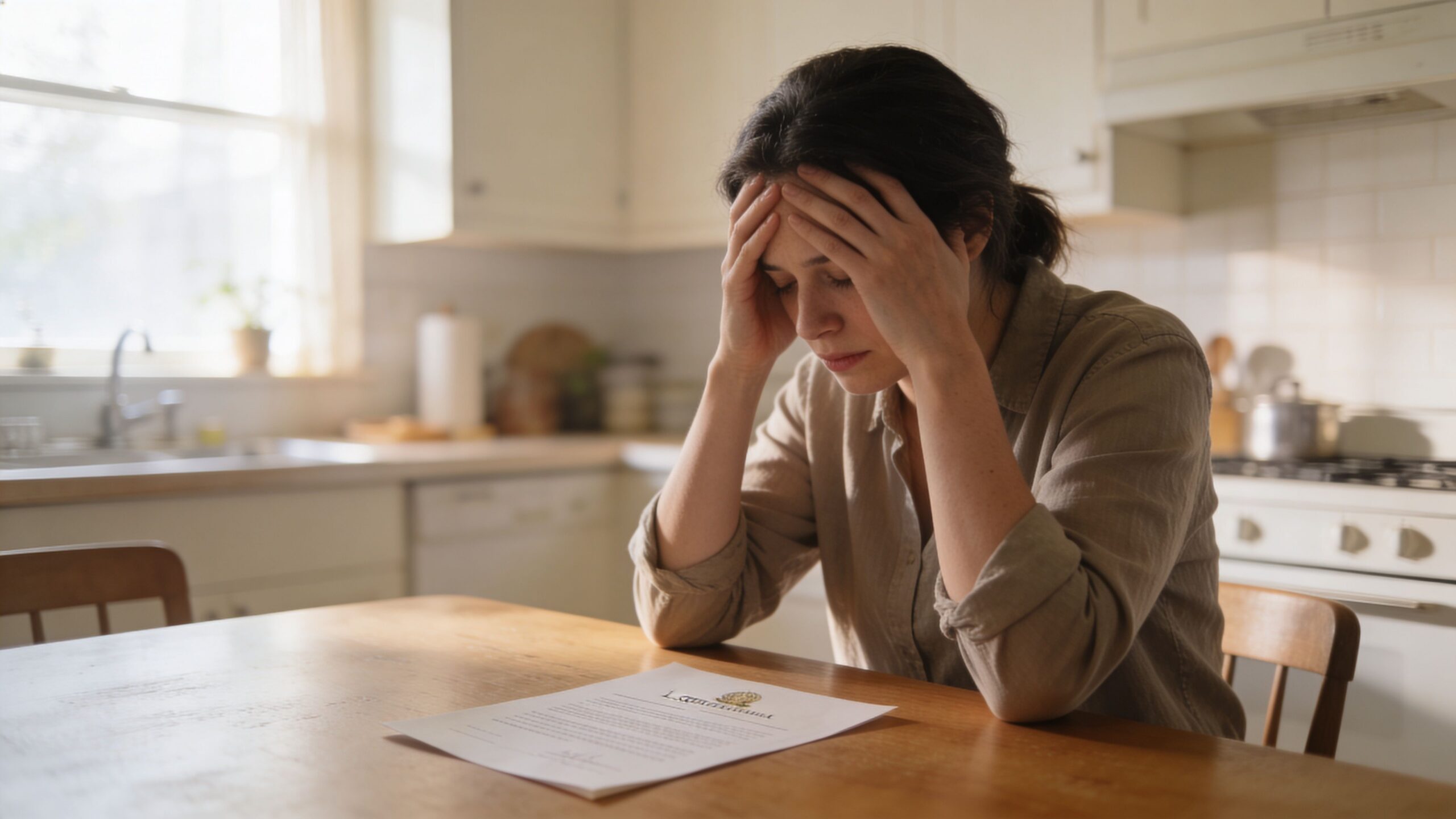 A woman sits at a wooden table looking stressed while reading a legal document in her kitchen.