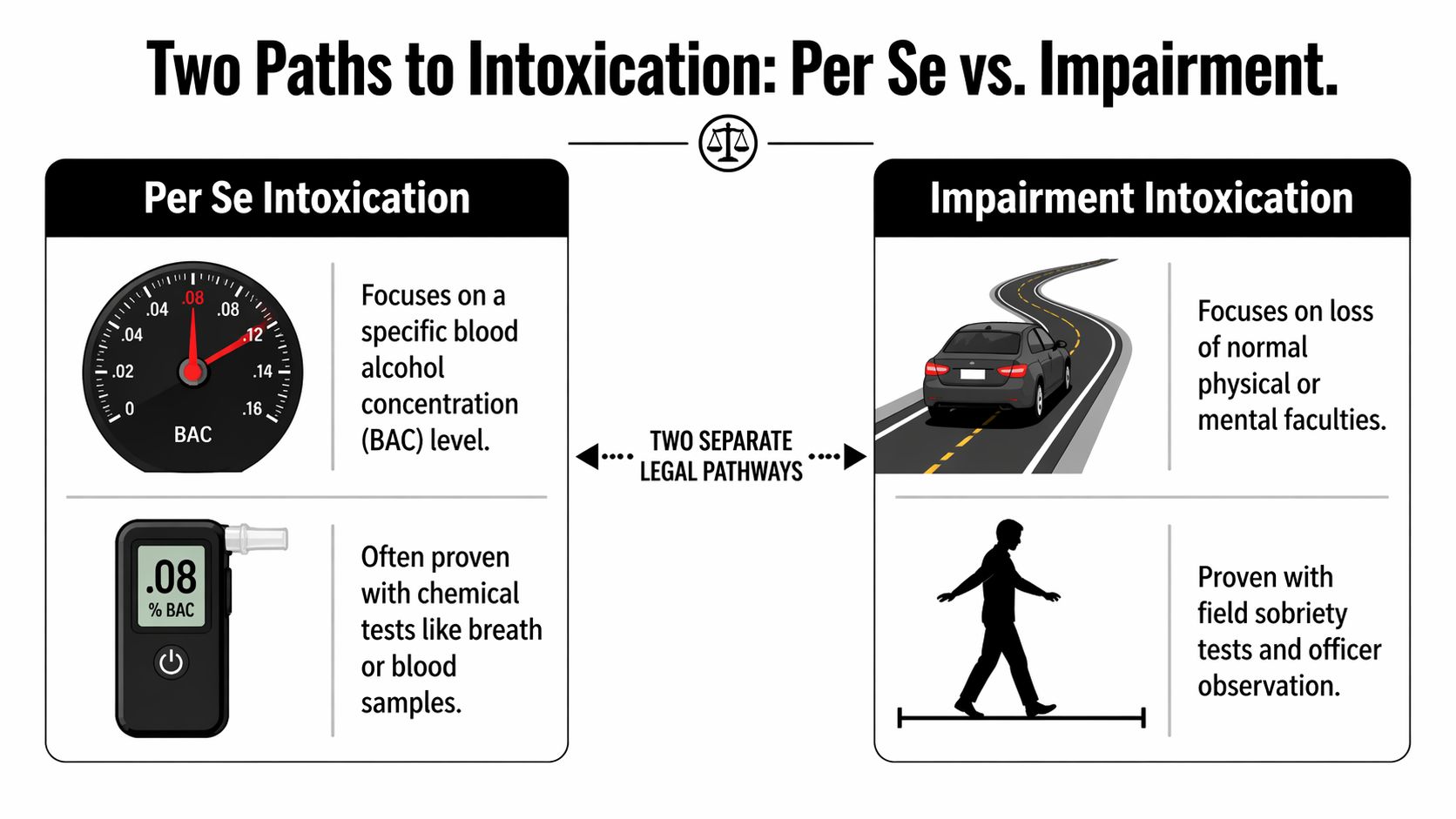 A diagram contrasting two legal paths to proving intoxication: per se blood alcohol concentration and behavioral impairment.