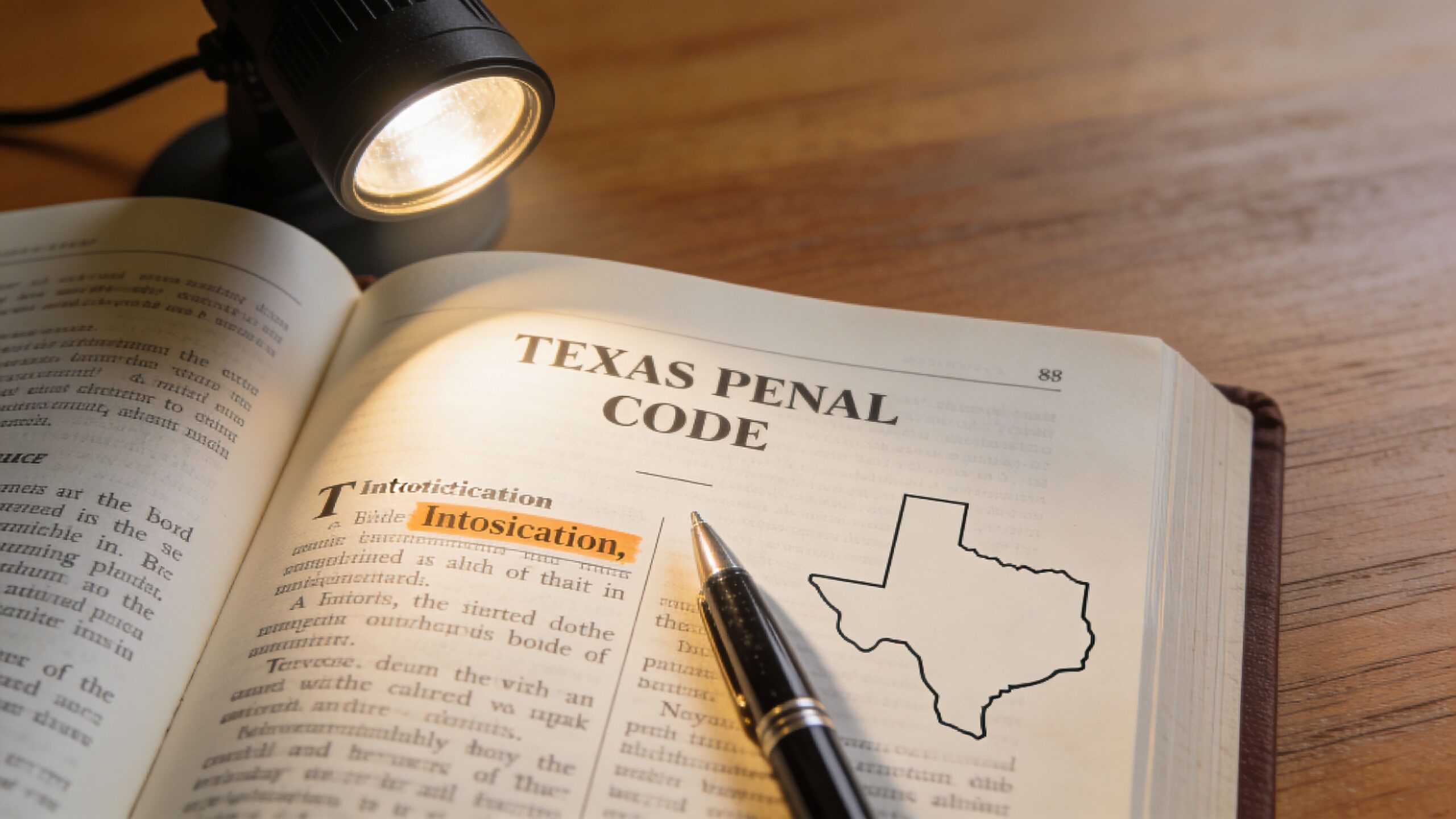 A book titled Texas Penal Code open to a page about intoxication with a pen and lamp.