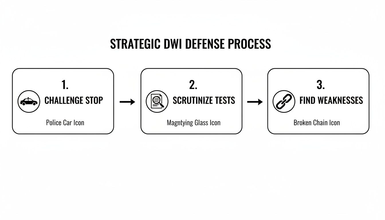 A flowchart showing the strategic DWI defense process in three steps with icons.