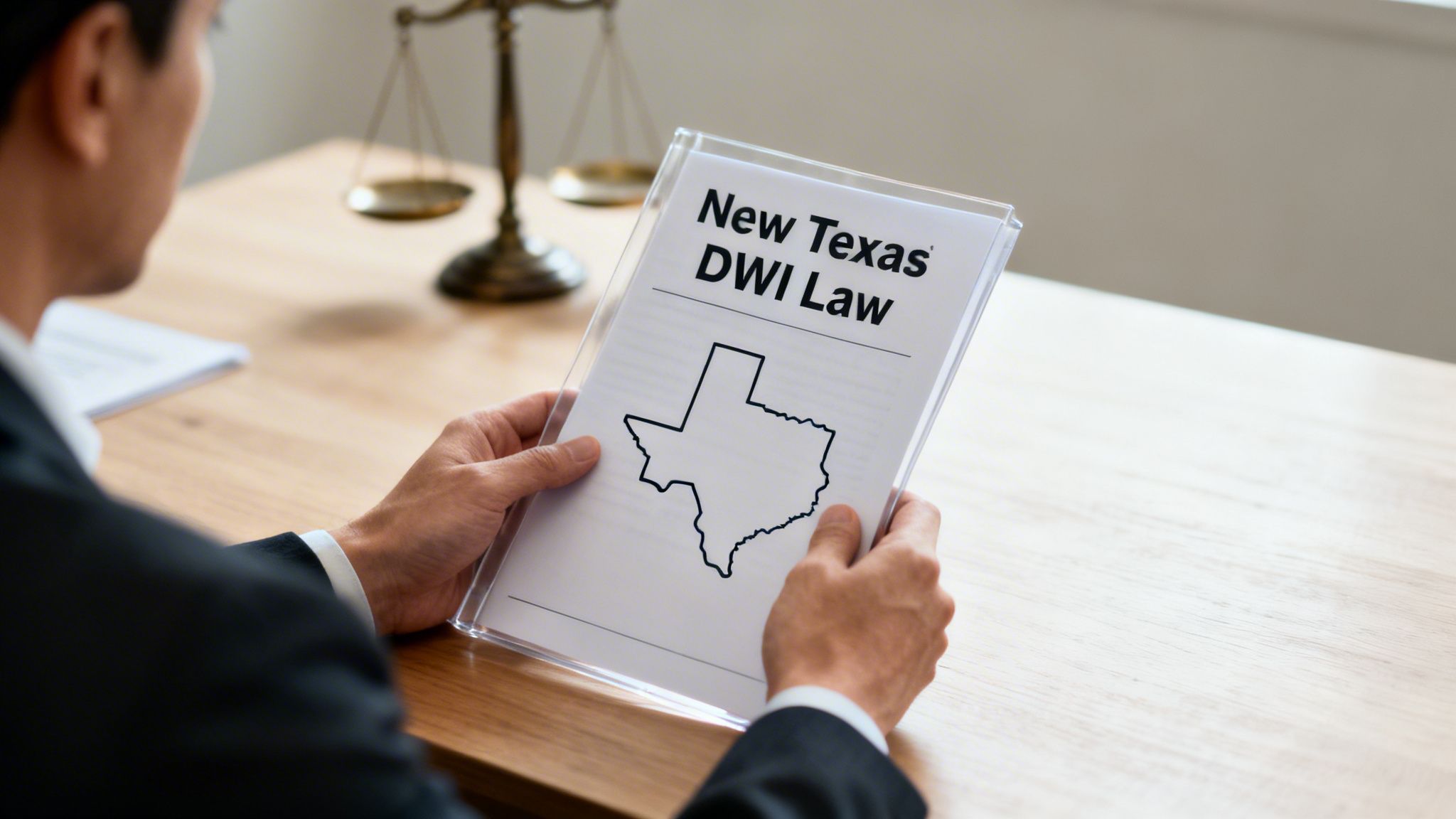 A person in a suit holds a document titled 'New Texas DWI Law' with a Texas map, symbolizing legal updates.