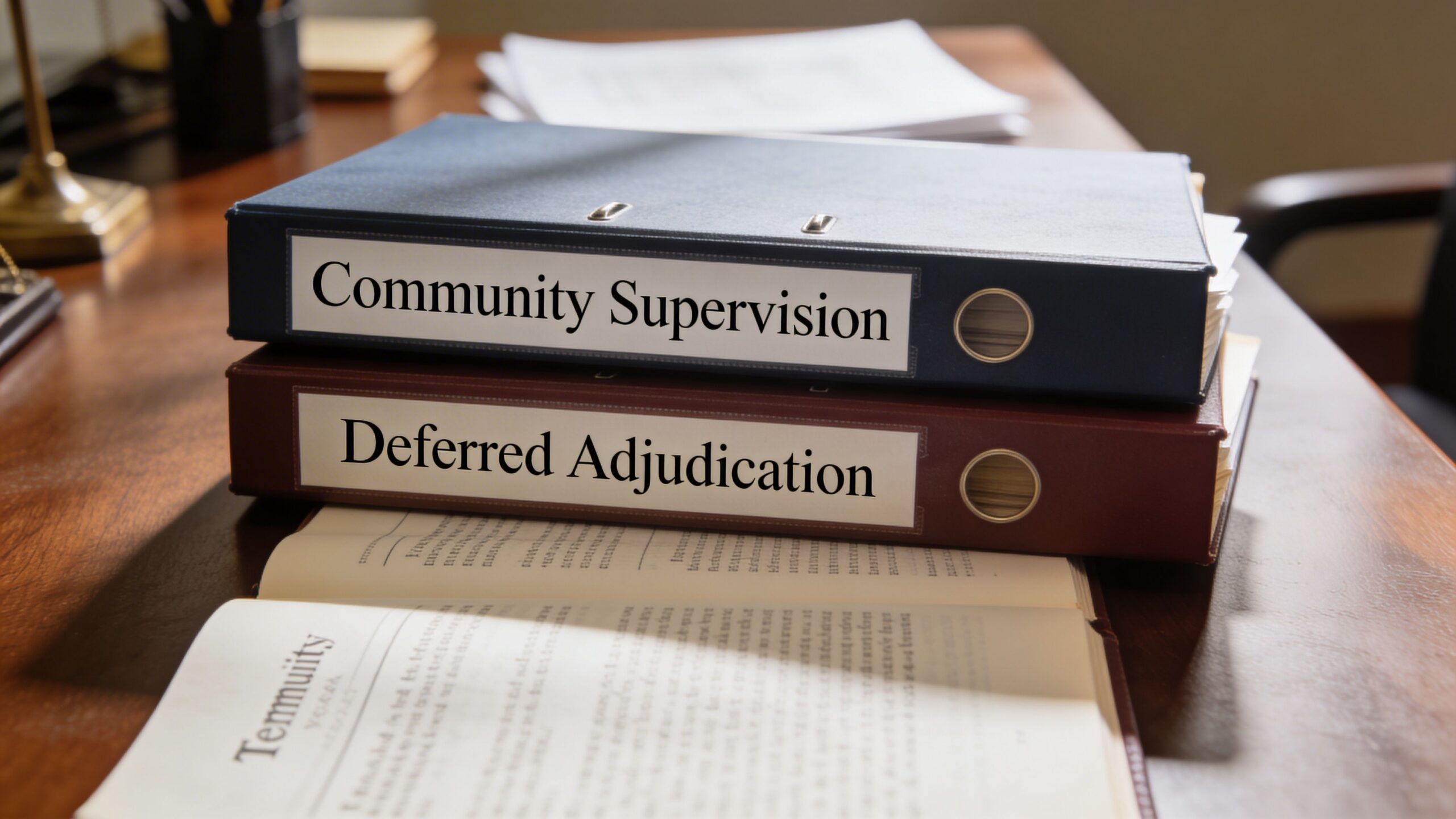 Two stacked legal binders labeled Community Supervision and Deferred Adjudication resting on an open book on a desk.