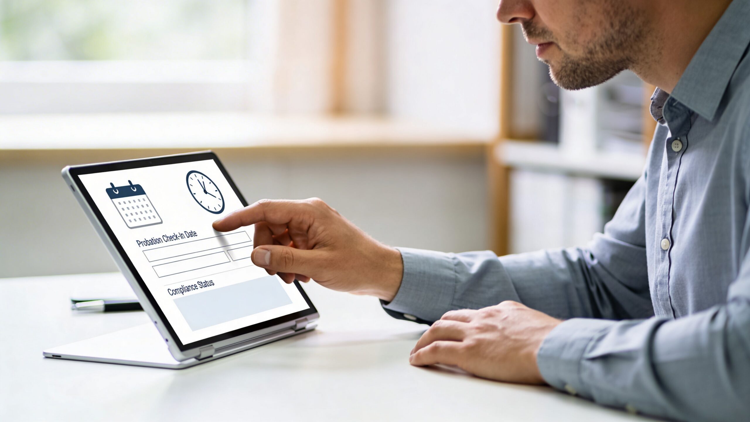 A professional man checking a probation check-in date on a digital tablet at his office desk.