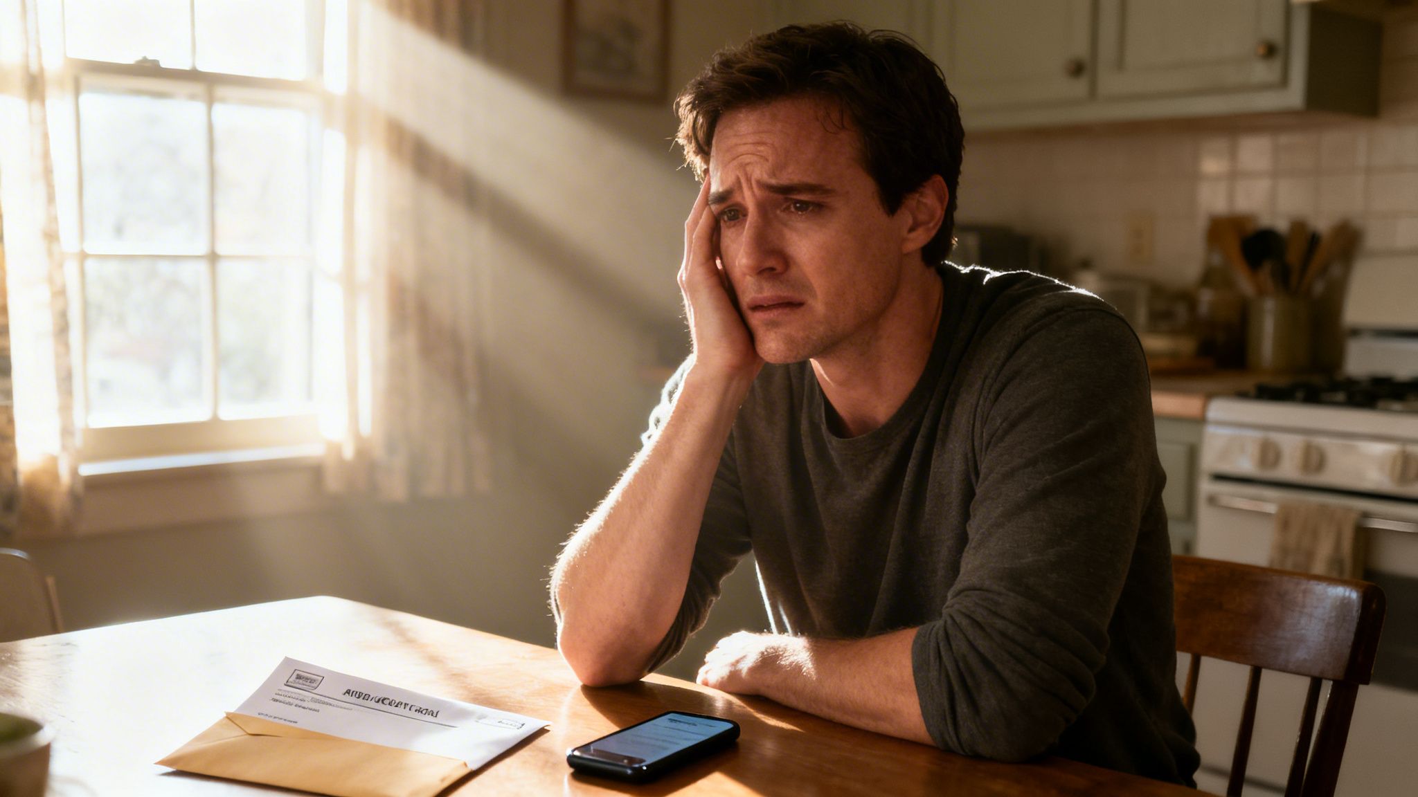 A distressed man sitting at a kitchen table looking at a letter and his smartphone in sunlight.