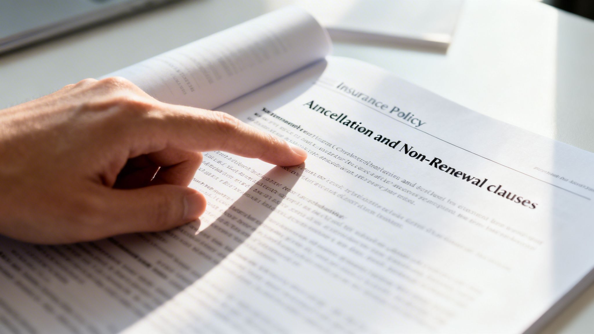 A close-up of a person reading the cancellation and non-renewal clauses section of an insurance policy document.