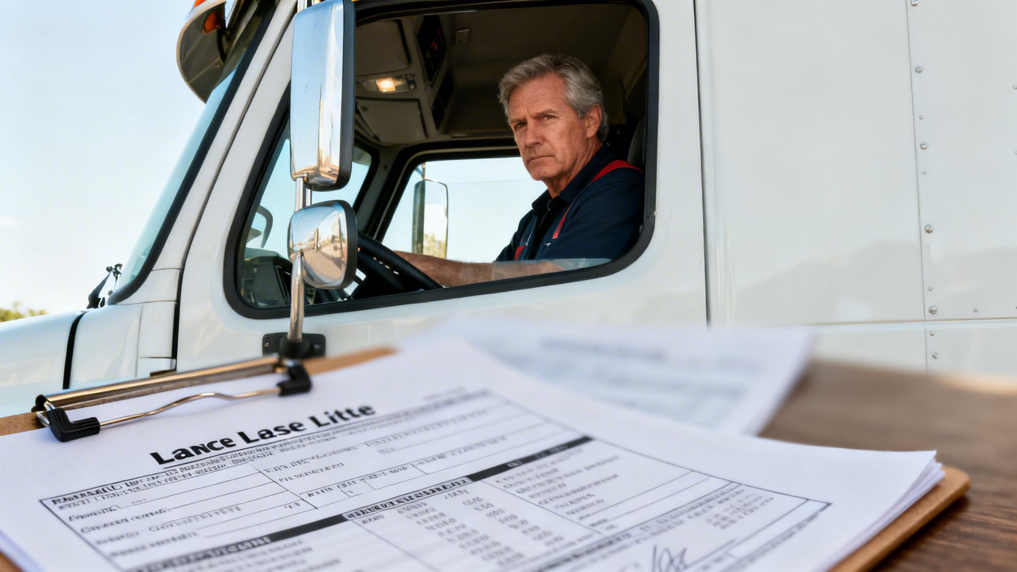 A serious-looking truck driver sits in the cab of his white truck, with a clipboard in the foreground.