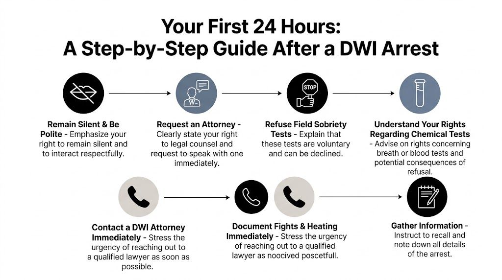 An infographic titled Your First 24 Hours: A Step-by-Step Guide After a DWI Arrest with seven steps.