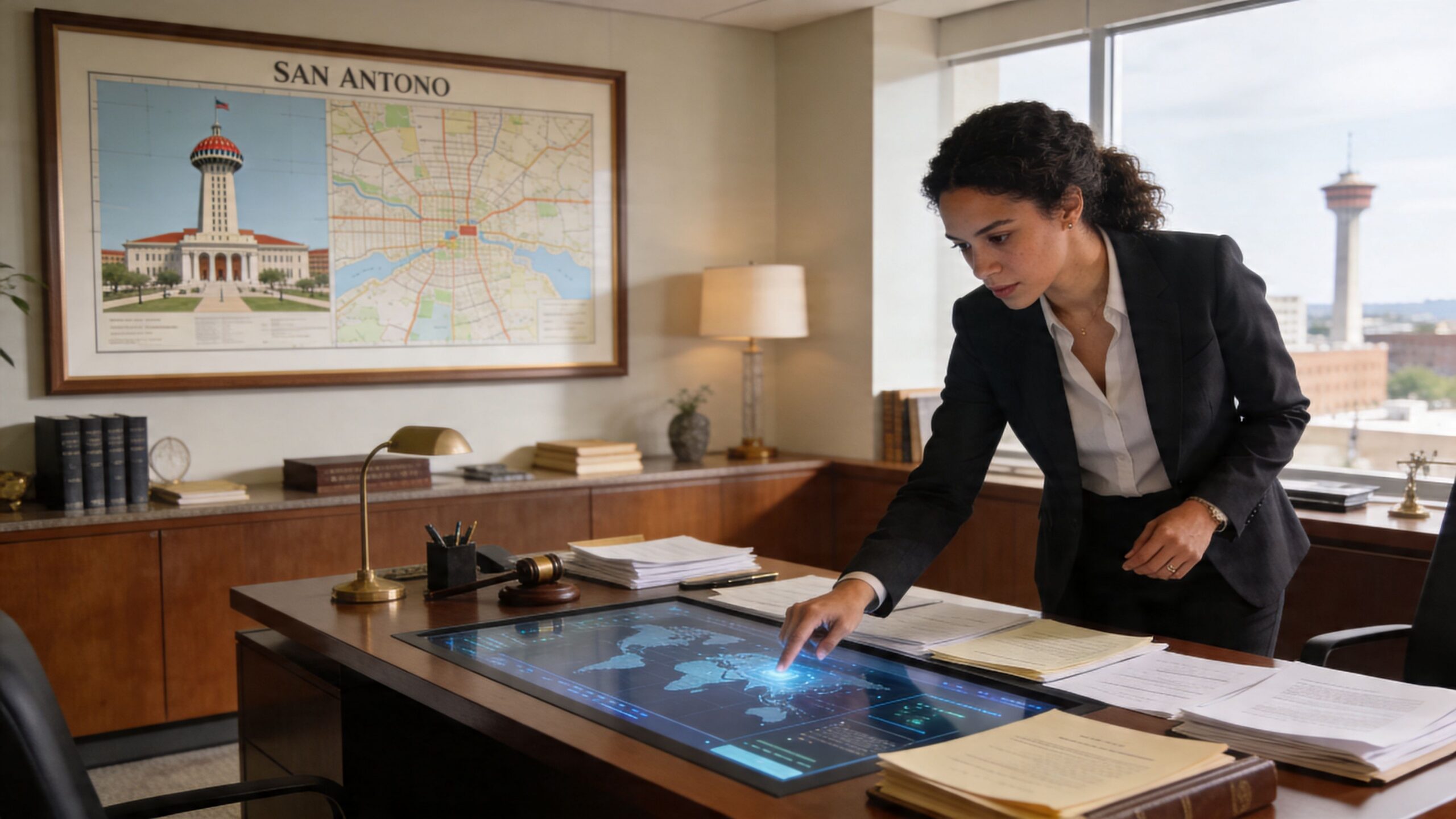 A professional female attorney analyzing a digital map on her desk in a modern law office.
