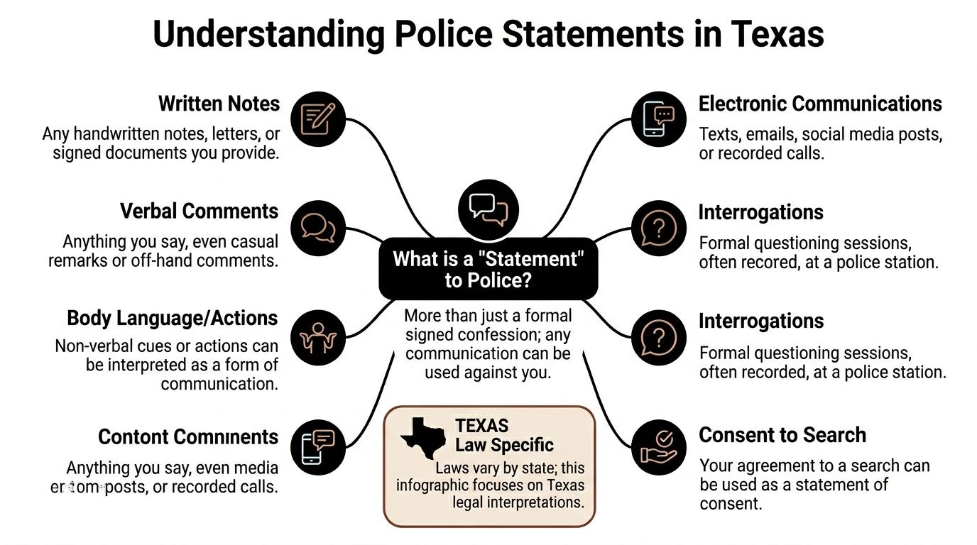 An infographic defining what constitutes a statement to police in Texas, including various forms of communication.
