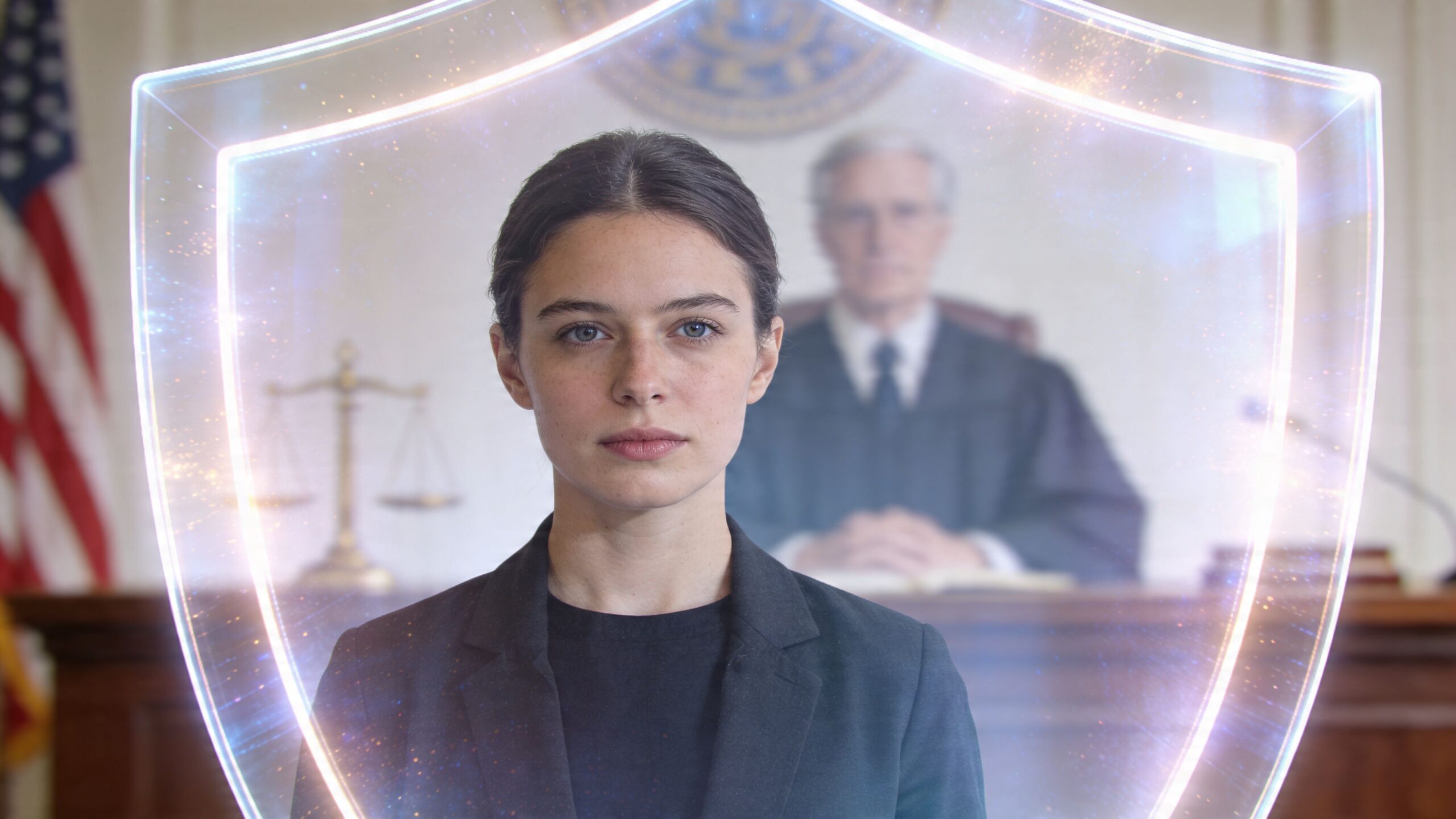 A young professional woman standing in a courtroom with a glowing digital shield graphic protecting her.