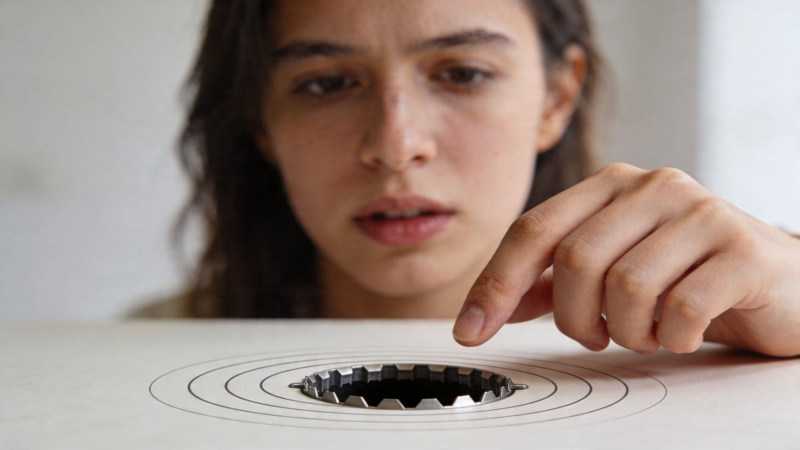 A young woman looks intensely at a small, dark hole in a table surrounded by circular patterns.