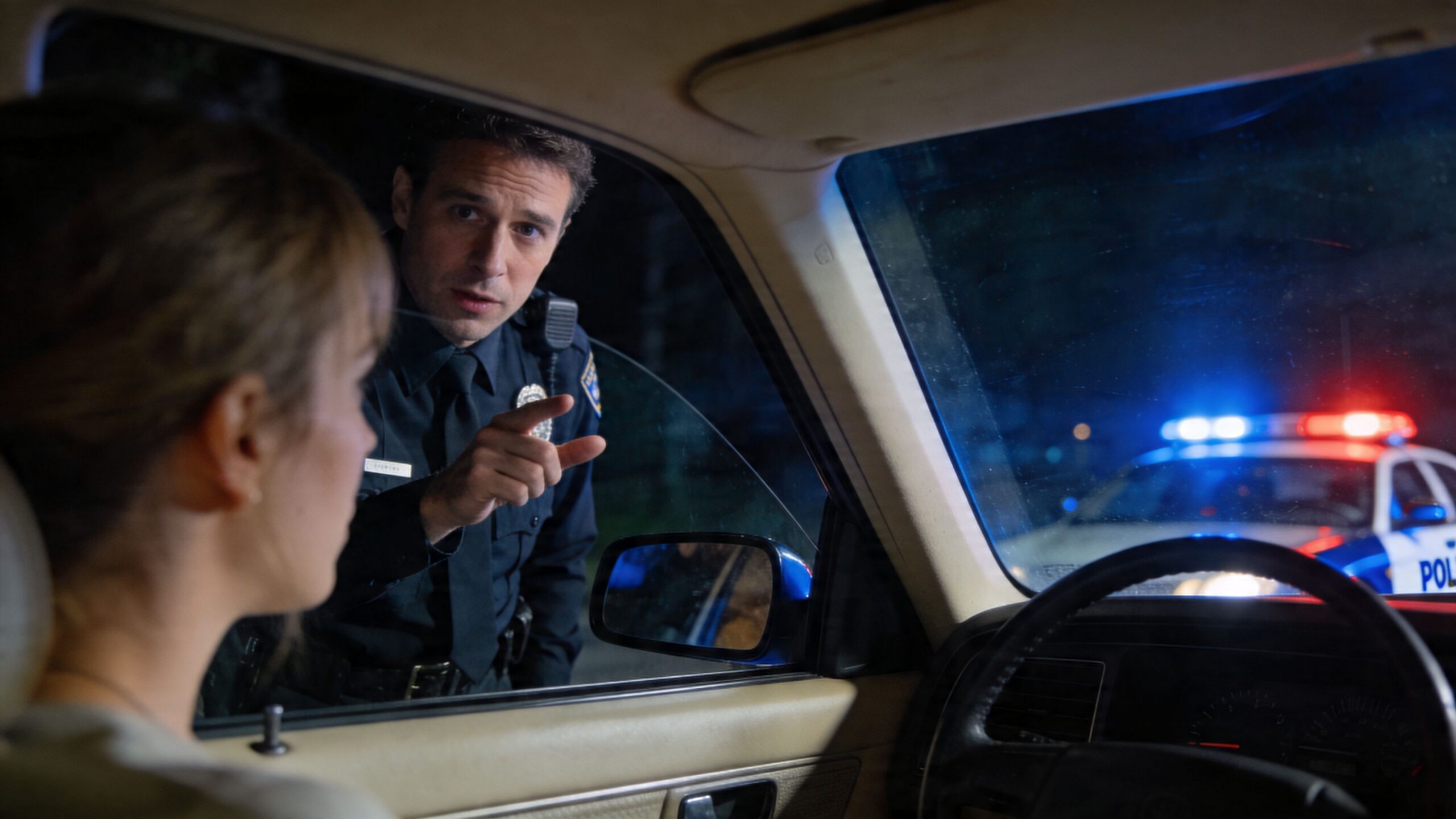 A police officer talks to a female driver during a traffic stop at night with patrol lights.