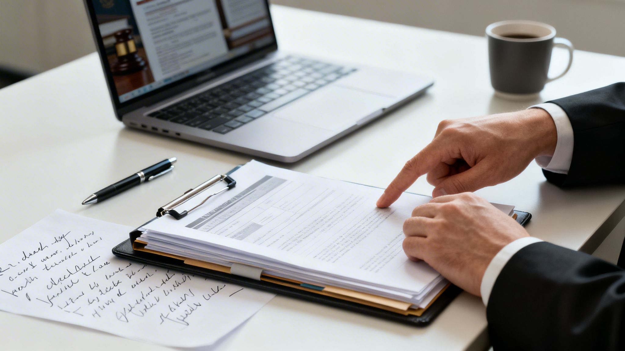 A person in a suit points to legal documents on a clipboard, with a laptop and coffee on the desk.