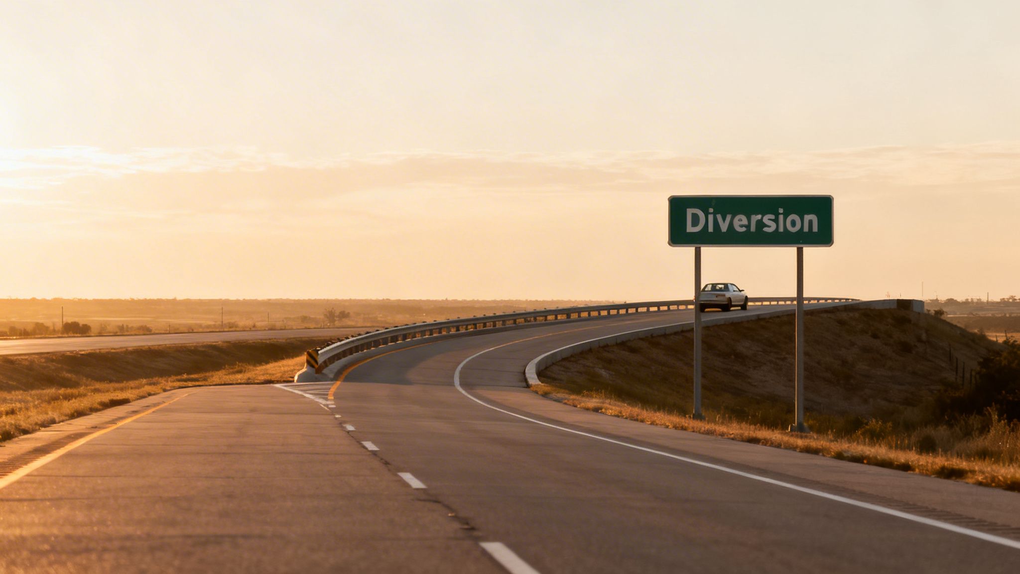 A car on a winding highway at sunset, approaching a green sign reading 'Diversion'.