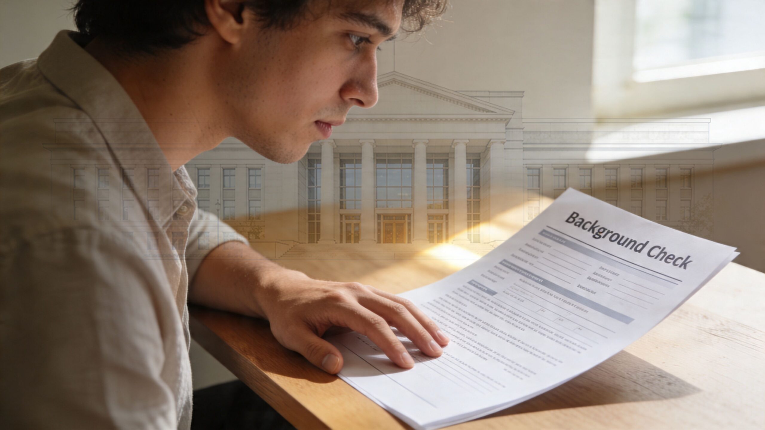 A young man sits at a wooden desk carefully reading a printed document titled Background Check.