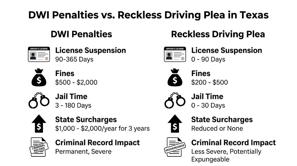 A comparison chart showing the differences in penalties between a DWI charge and a reckless driving plea in Texas.