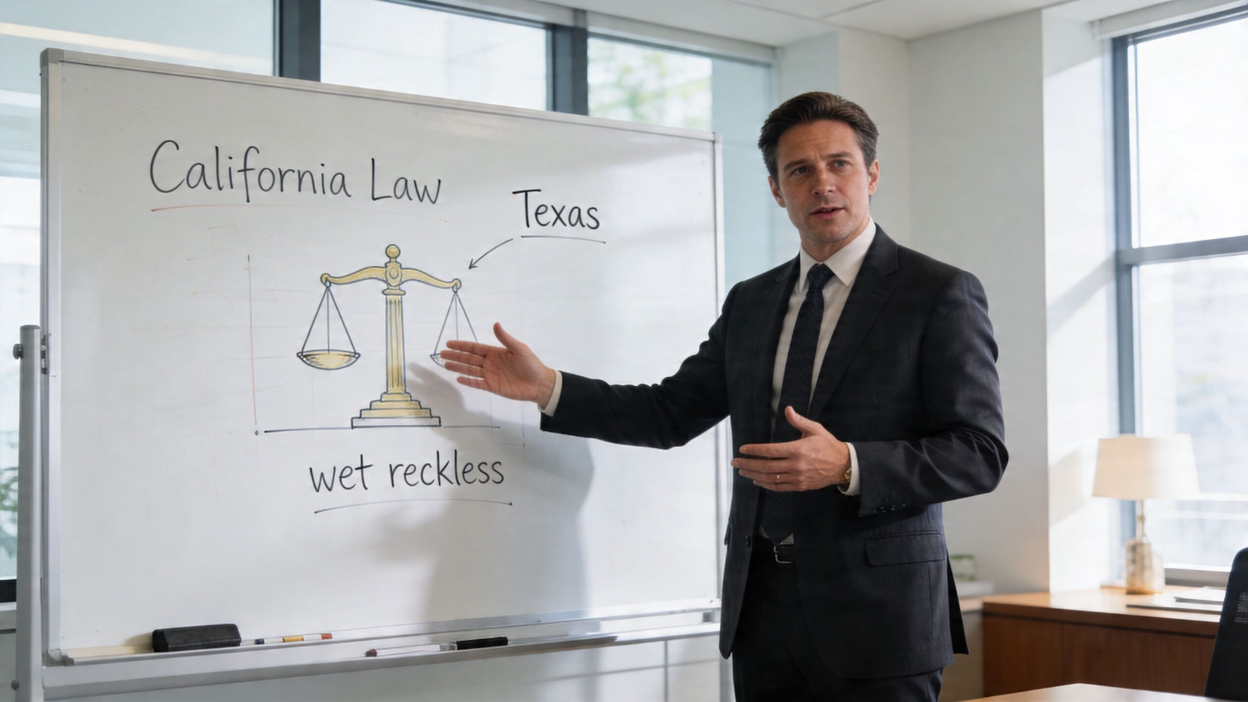 A professional man in a suit pointing at a whiteboard showing a legal concept comparison.