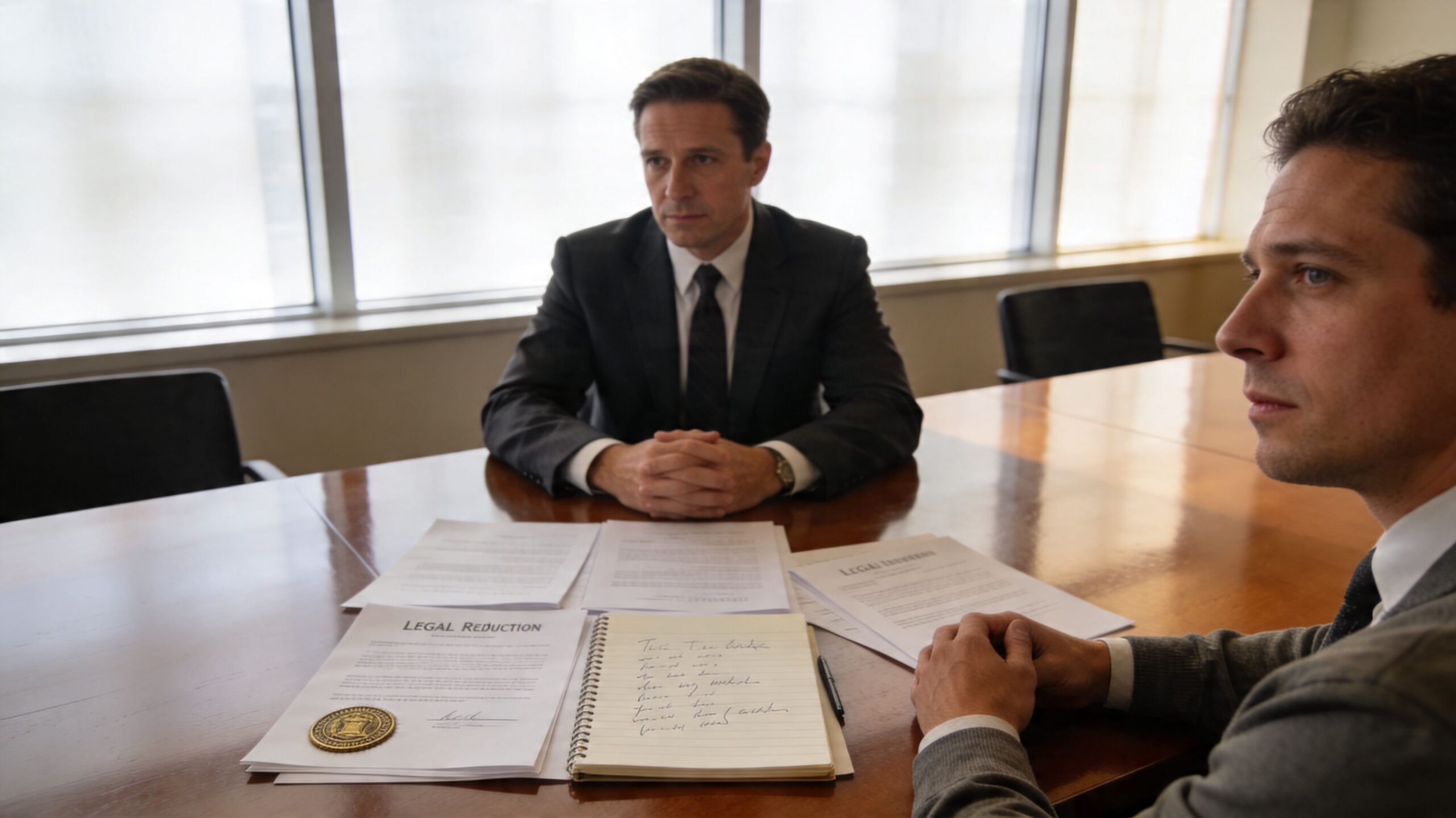 Two professional men in suits sit at a conference table reviewing legal documents and taking notes.