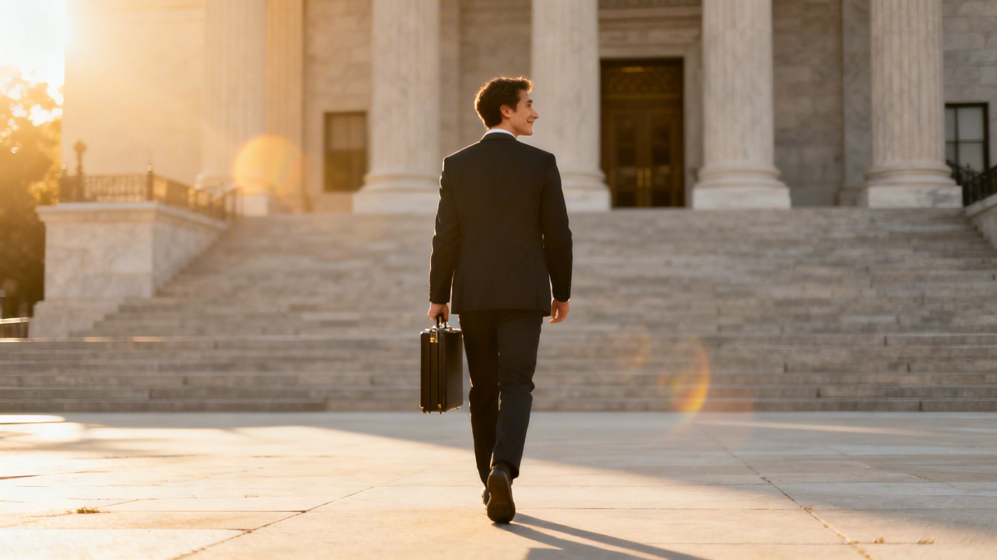 A man in a suit with a briefcase walks towards a large courthouse building at sunset.