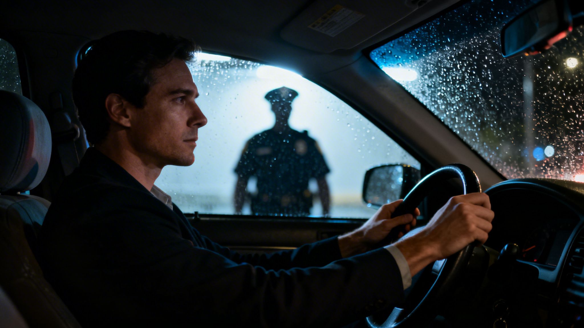 A man in a car at night, seen from the side, looks at a police officer through a rainy windshield.
