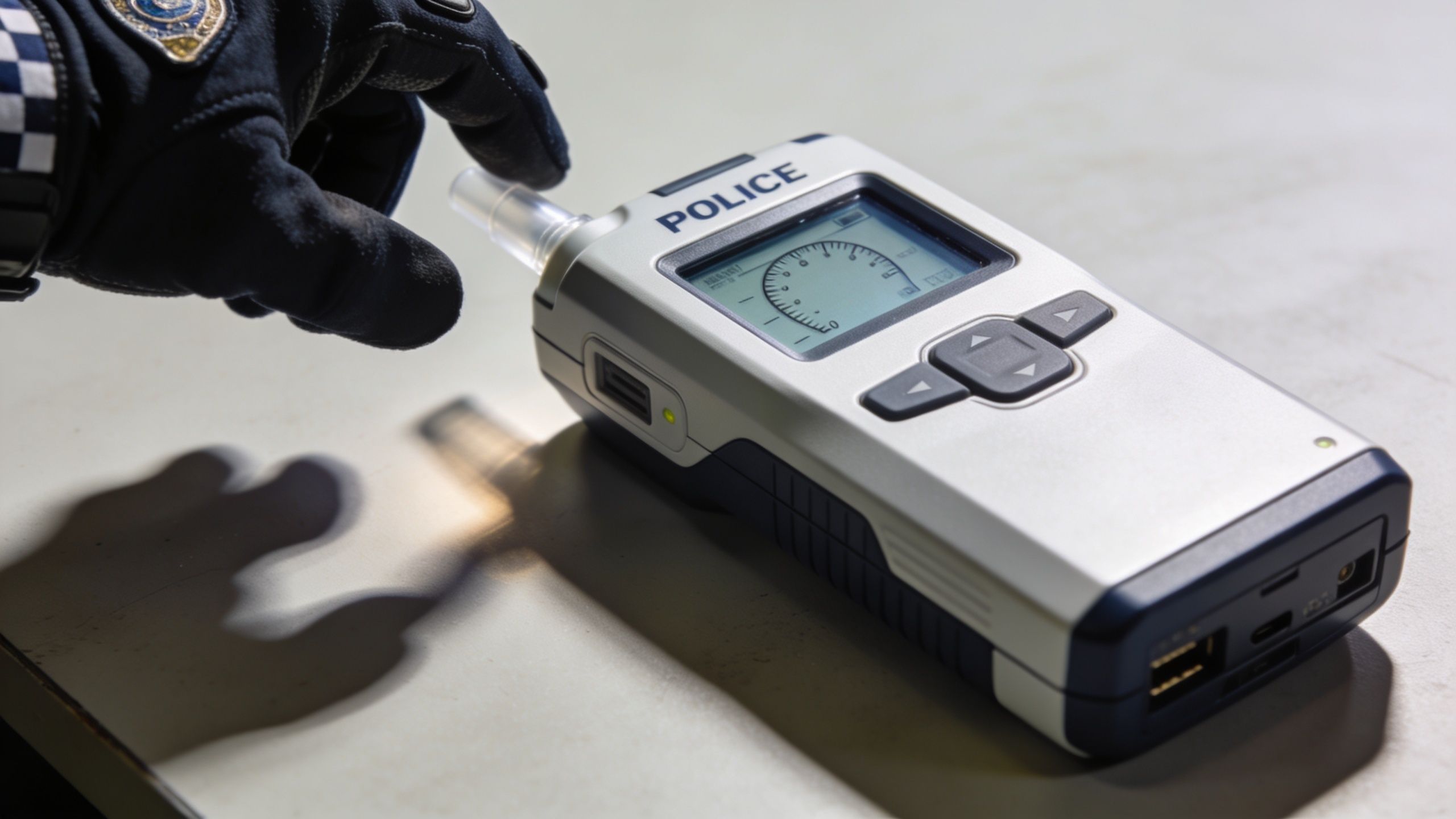 A gloved police officer prepares to use a handheld digital breathalyzer device for alcohol testing.