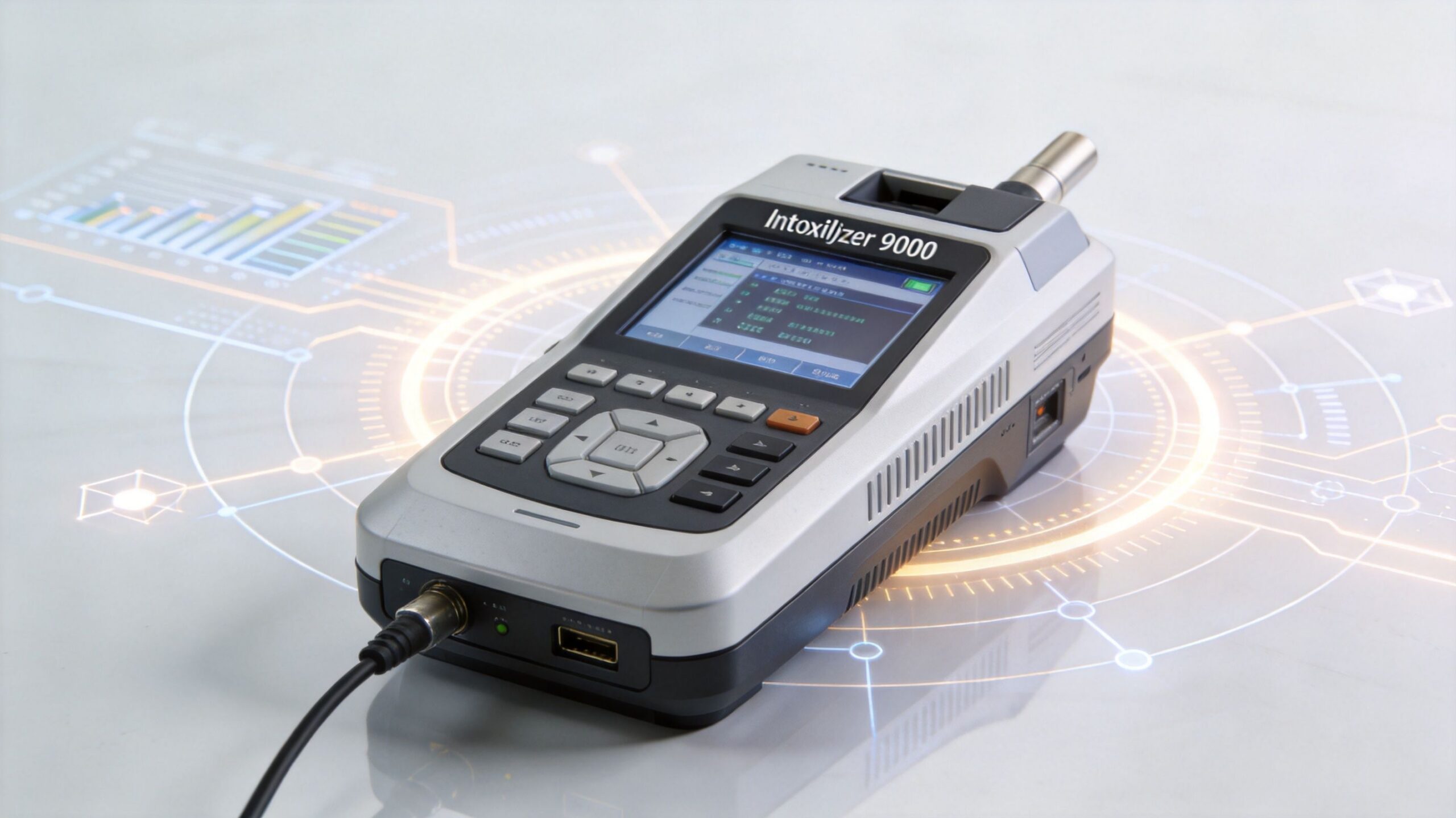 An Intoxilyzer 9000 breath testing device resting on a surface with digital data graphics overlay.