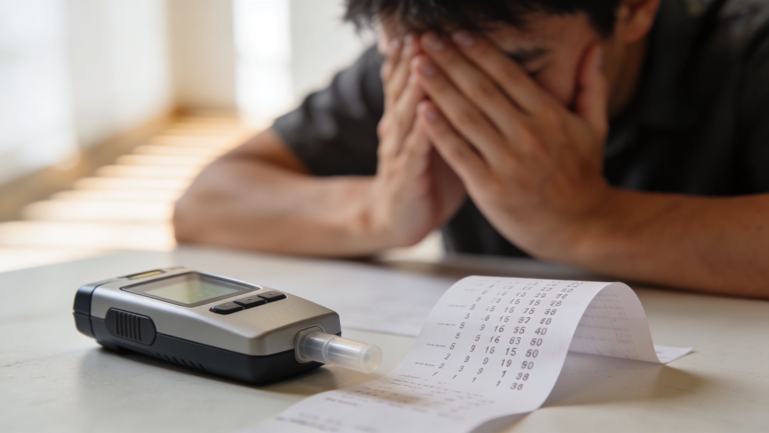 A distressed man with his face in his hands next to a breathalyzer and printed test results.