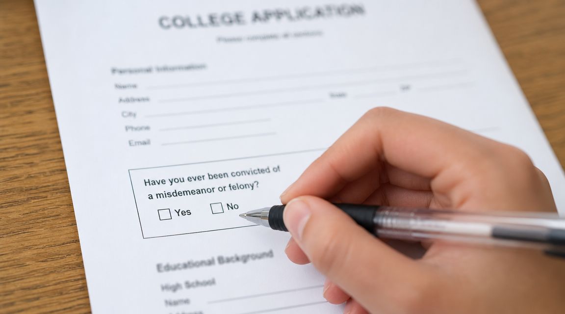 A person filling out a college application form while holding a pen on a wooden table.