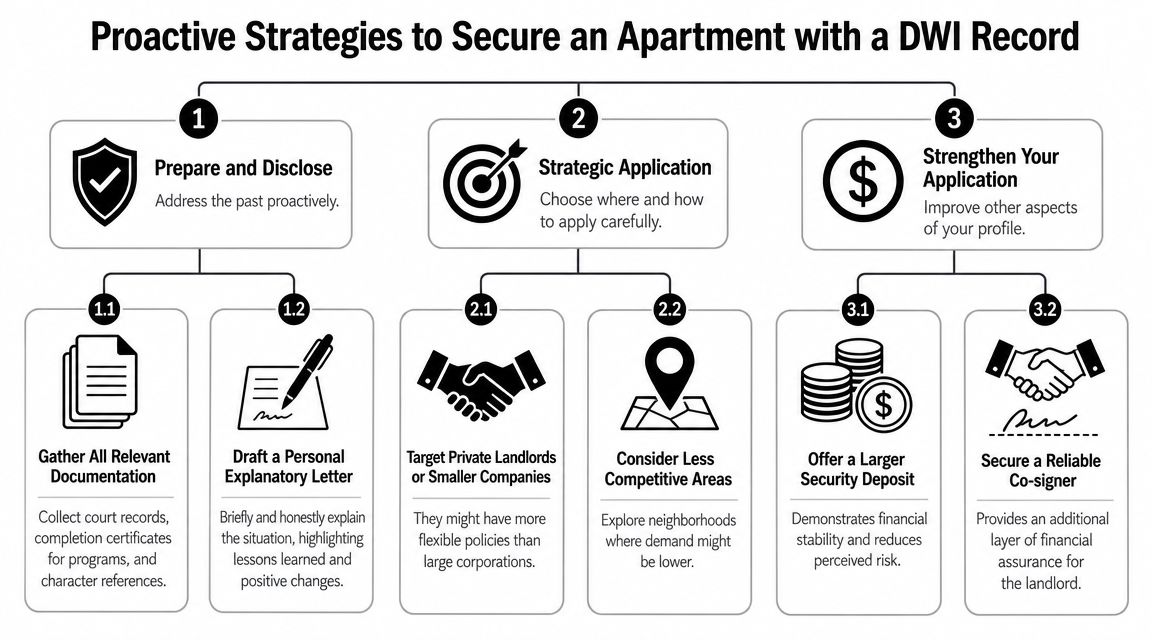 A flowchart outlining three proactive strategies for securing an apartment rental while having a DWI record.