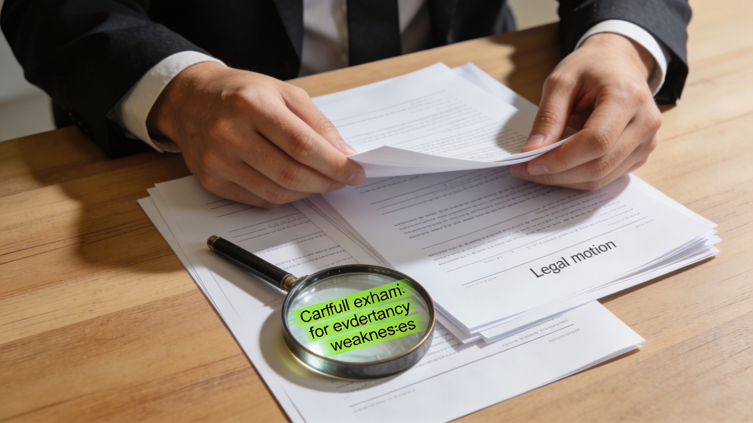 A lawyer reviews legal documents with a magnifying glass to check for evidence weaknesses in Texas court cases.