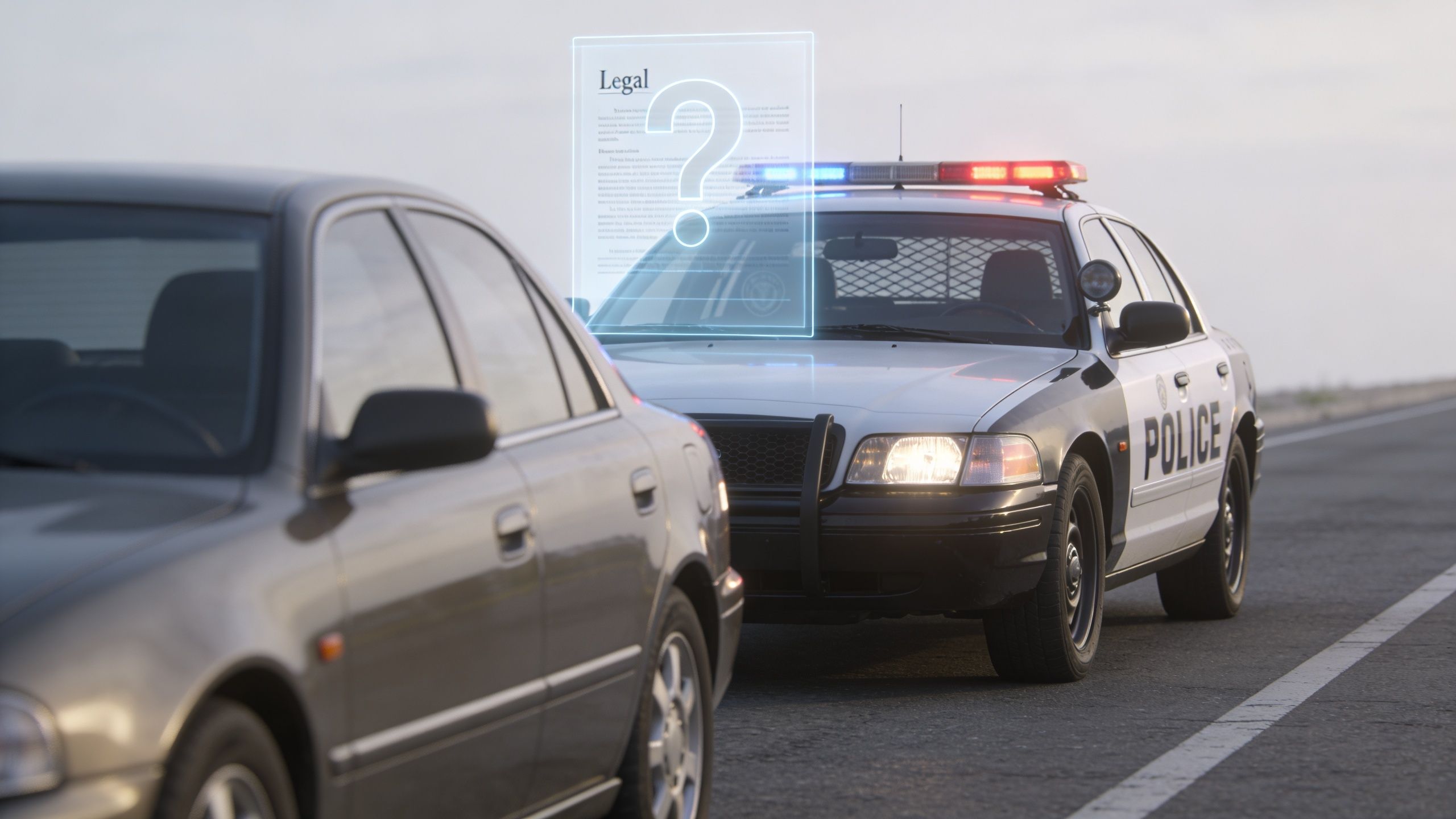 A police cruiser pulled over a car on a highway with a digital graphic overlaying legal questions.