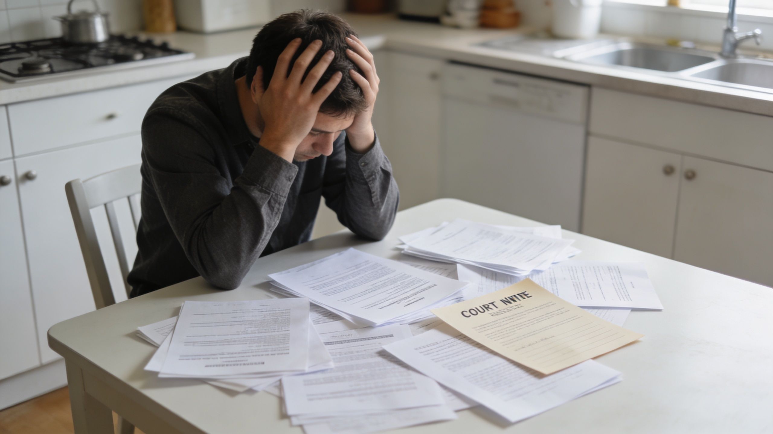 A man sitting at a kitchen table looking stressed while surrounded by scattered legal documents and paperwork.