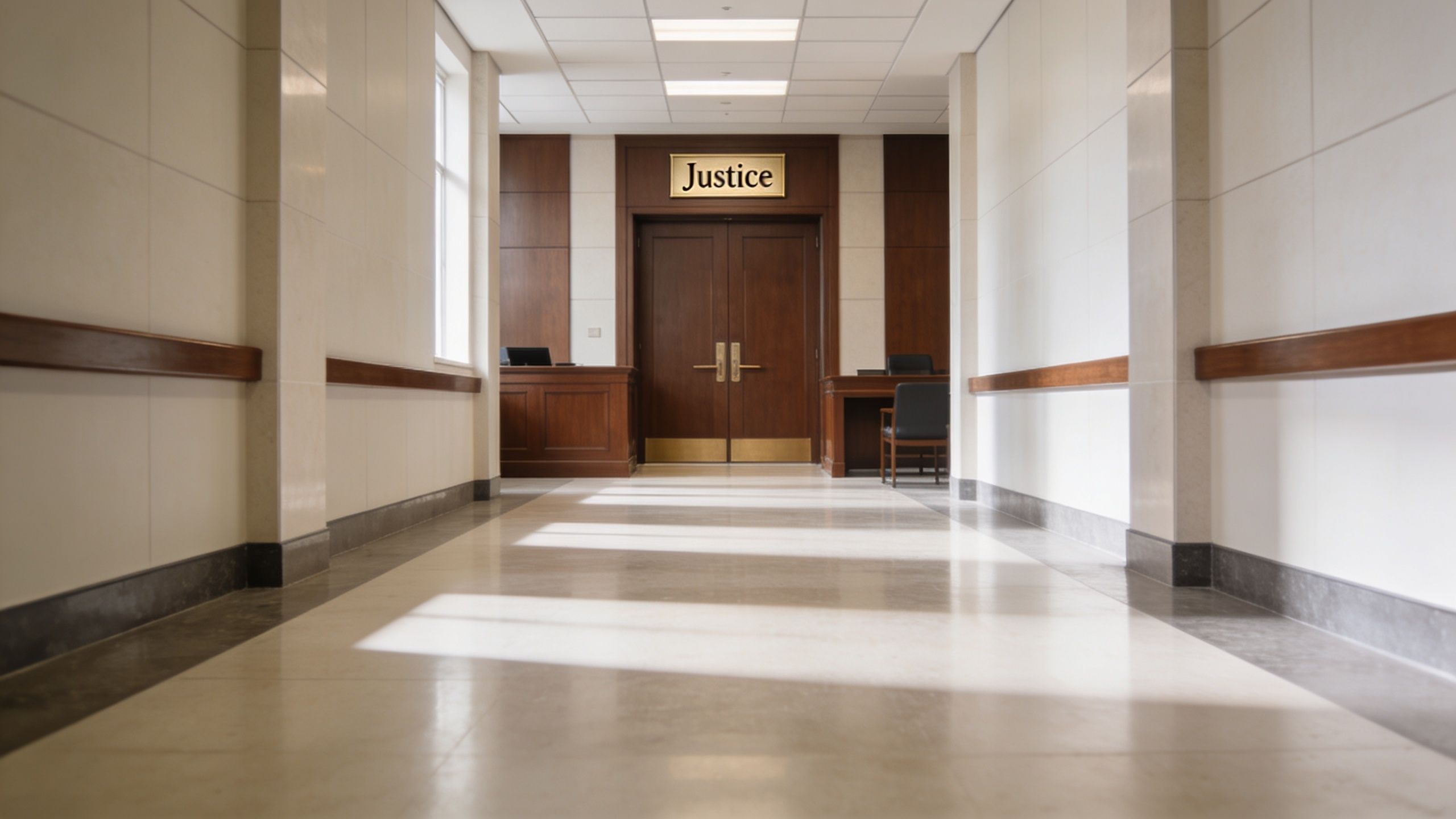 A long, brightly lit hallway in a courthouse leading toward a large wooden door labeled with Justice.