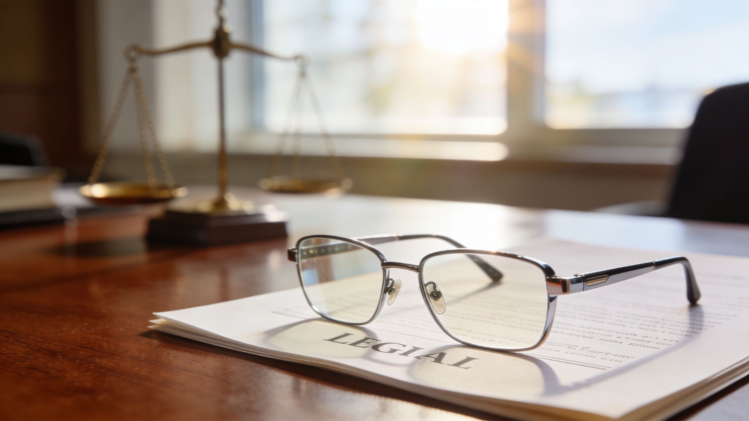 A pair of eyeglasses rests on a legal document on a desk next to scales of justice.