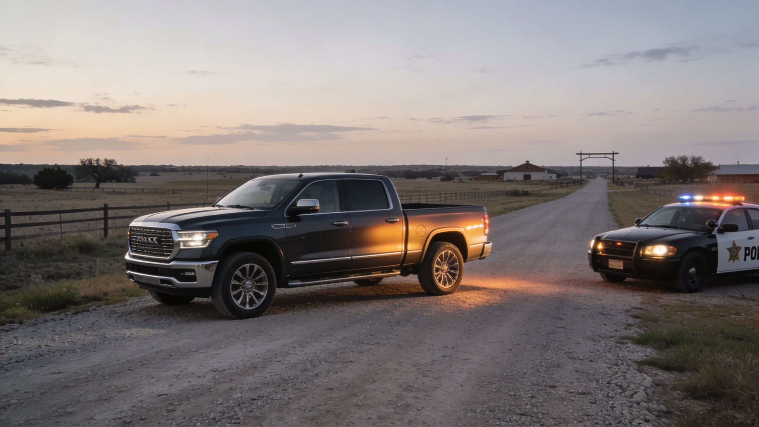 A dark pickup truck pulled over by a police car on a rural gravel road at sunset.