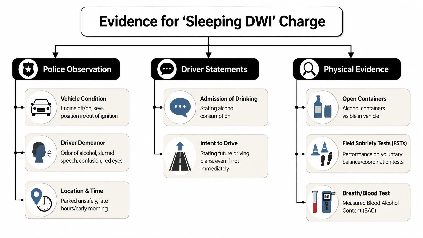 An infographic titled Evidence for Sleeping DWI Charge, detailing police observations, driver statements, and physical evidence.